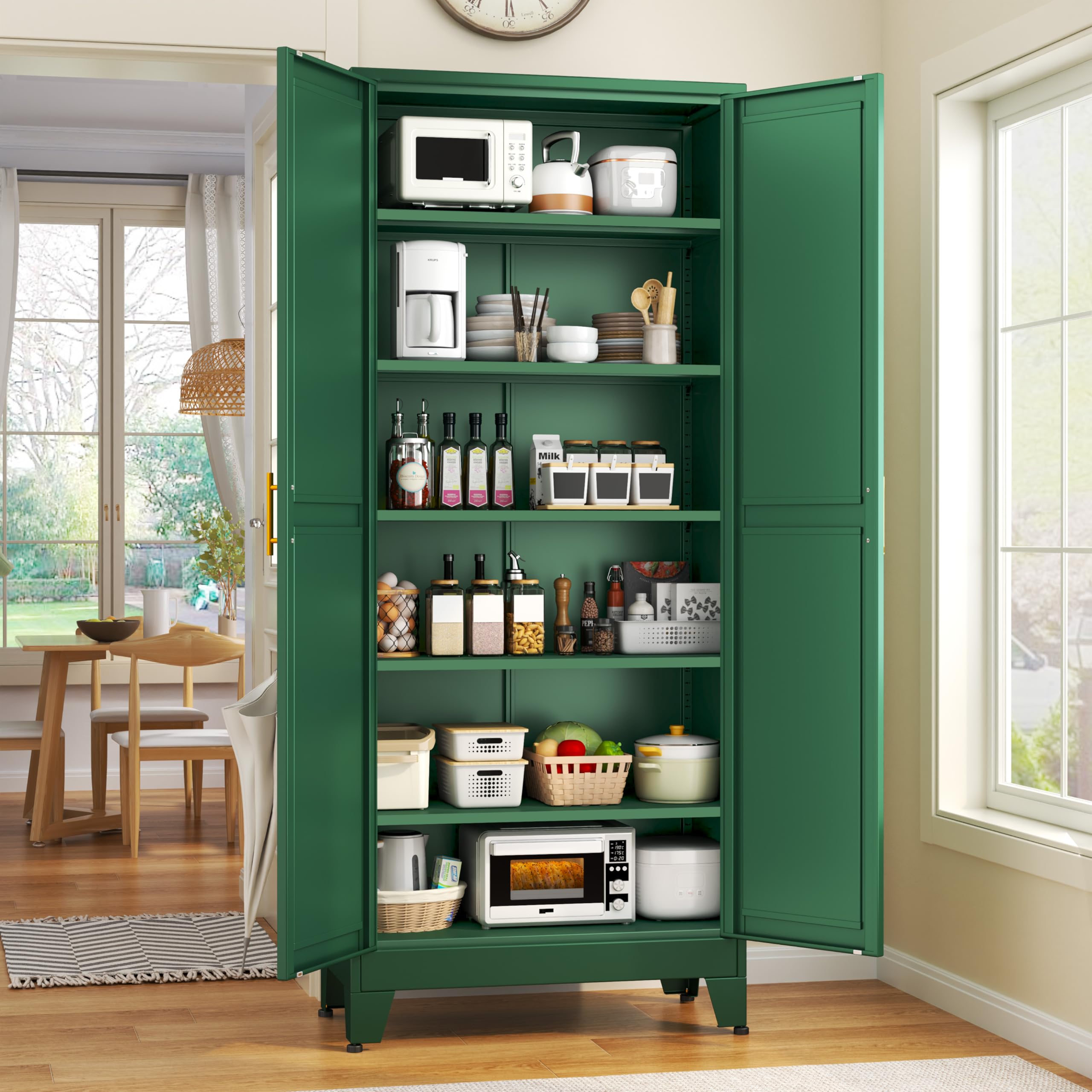 GAIOUS Metal Pantry Cabinet, Kitchen Pantry Storage Cabinets with 2 Door and 3 Adjustable Shelves, White Kitchen Pantry Cabinet, Freestanding Cupboard for Dining Room Living Room Bathroom