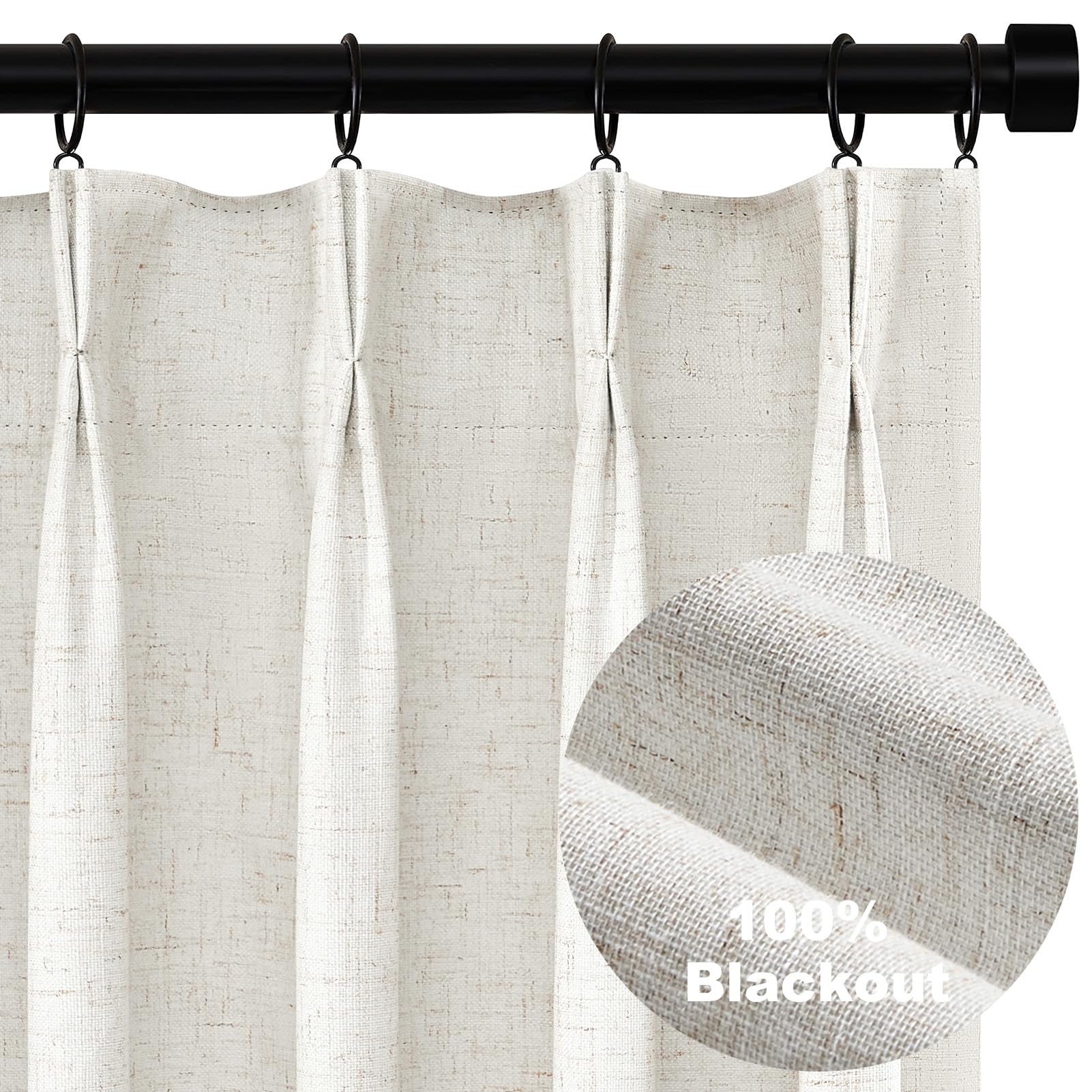 Topfinel Pinch Pleated Curtains 96 Inch Long, 100% Blackout Thermal Insulated Natural Linen Pinch Pleat Viral Drapes with Hooks Rings 2 Panel Sets, Neutral Beige Ivory 8FT Back Tab Window Curtains