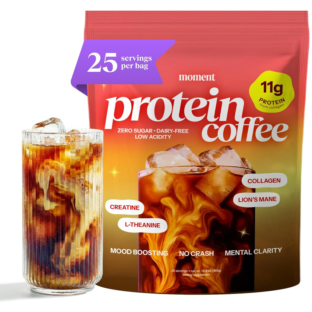 Moment High Protein Mushroom Coffee with Creatine – Zero Sugar, Low Acidity Instant Protein Coffee Powder with Lion’s Mane, Reishi & L-Theanine for Energy, Focus & Mental Clarity-25 Servings