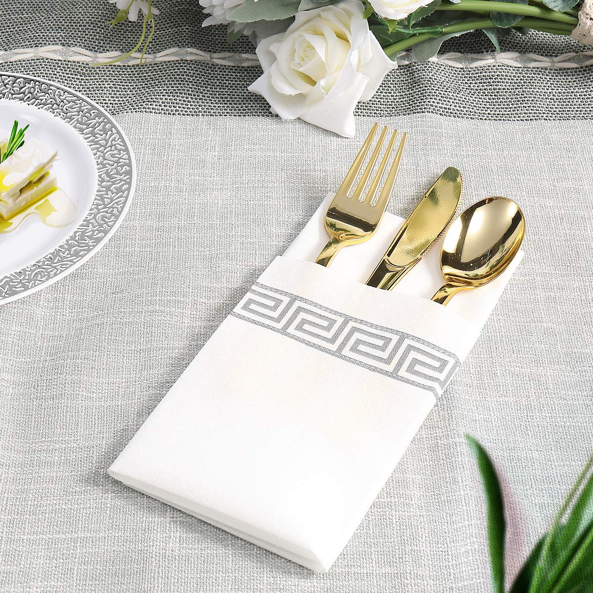 Vplus 200 PACK Guest Towels Disposable Bathroom, Decorative Bathroom Napkins, Soft and Absorbent Disposable Dinner Napkins Cloth Like for Kitchen, Parties, Weddings, Christmas Party（Gold)
