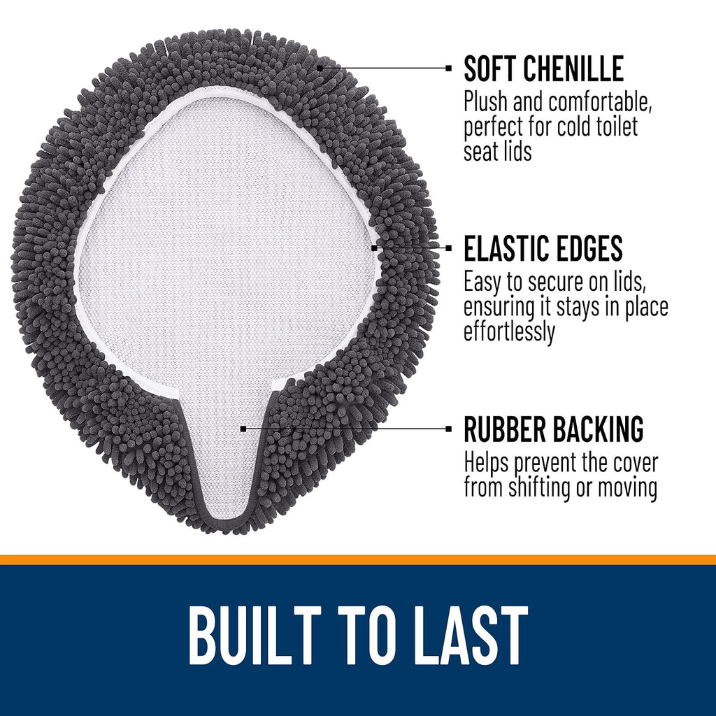 OLANLY Soft Chenille Bathroom Toilet Lid Cover, Machine Washable Seat Covers, 17.5x15, Stays in Place Rubber Backing, Fits Most Round, Elongated and Oblong Lids, Accessories Decor, Gray