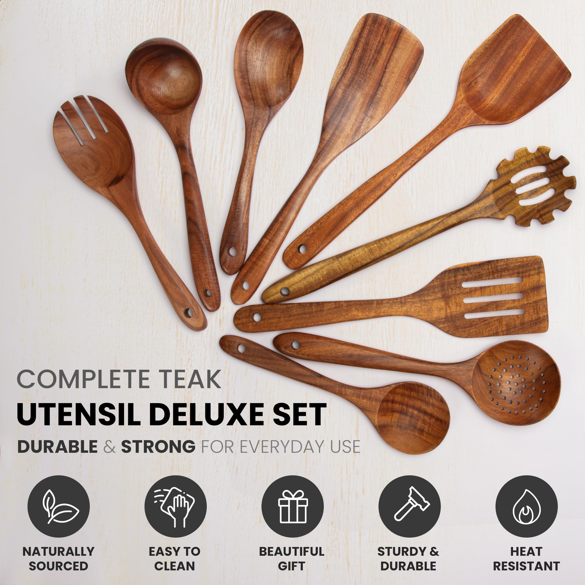 Zulay Kitchen 6 Piece Wooden Spoons for Cooking – Natural Teak Wooden Utensil Set, Easy to Clean, Durable, Smooth with Comfort Grip - Non Toxic Wooden Cooking Utensil Sets