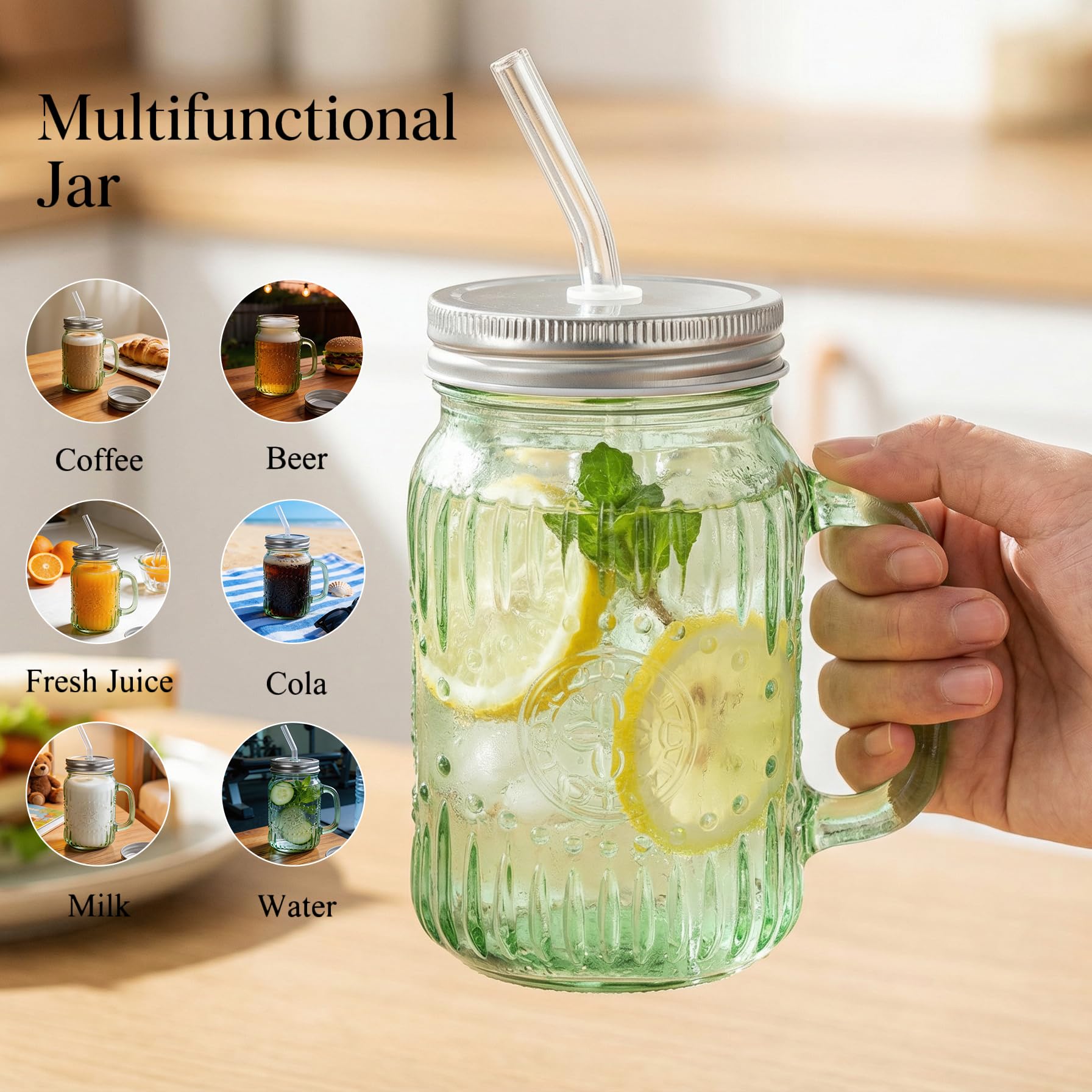 DaYammi Mason Jars with Lids and Straws, 6 Pack 16 Oz Glass Cups for Cold Beverages, Juice, Smoothies, Iced Coffee, Cocktails Leak-Proof Drinking Glasses with Sealed & Straw Lids, Colorful