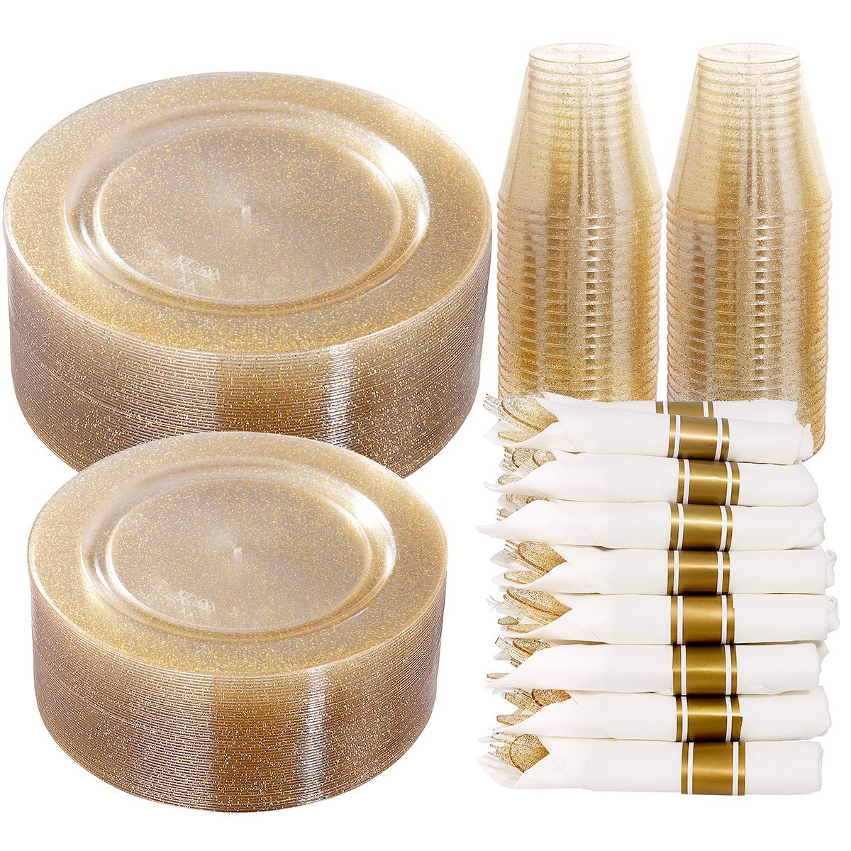 DaYammi 350PCS Gold Plastic Dinnerware Set for 50 Guests, Fancy Disposable Plates for Party, Include: 50 Dinner Plates, 50 Dessert Plates, 50 Pre Rolled Napkins with Gold Silverware, 50 Cups