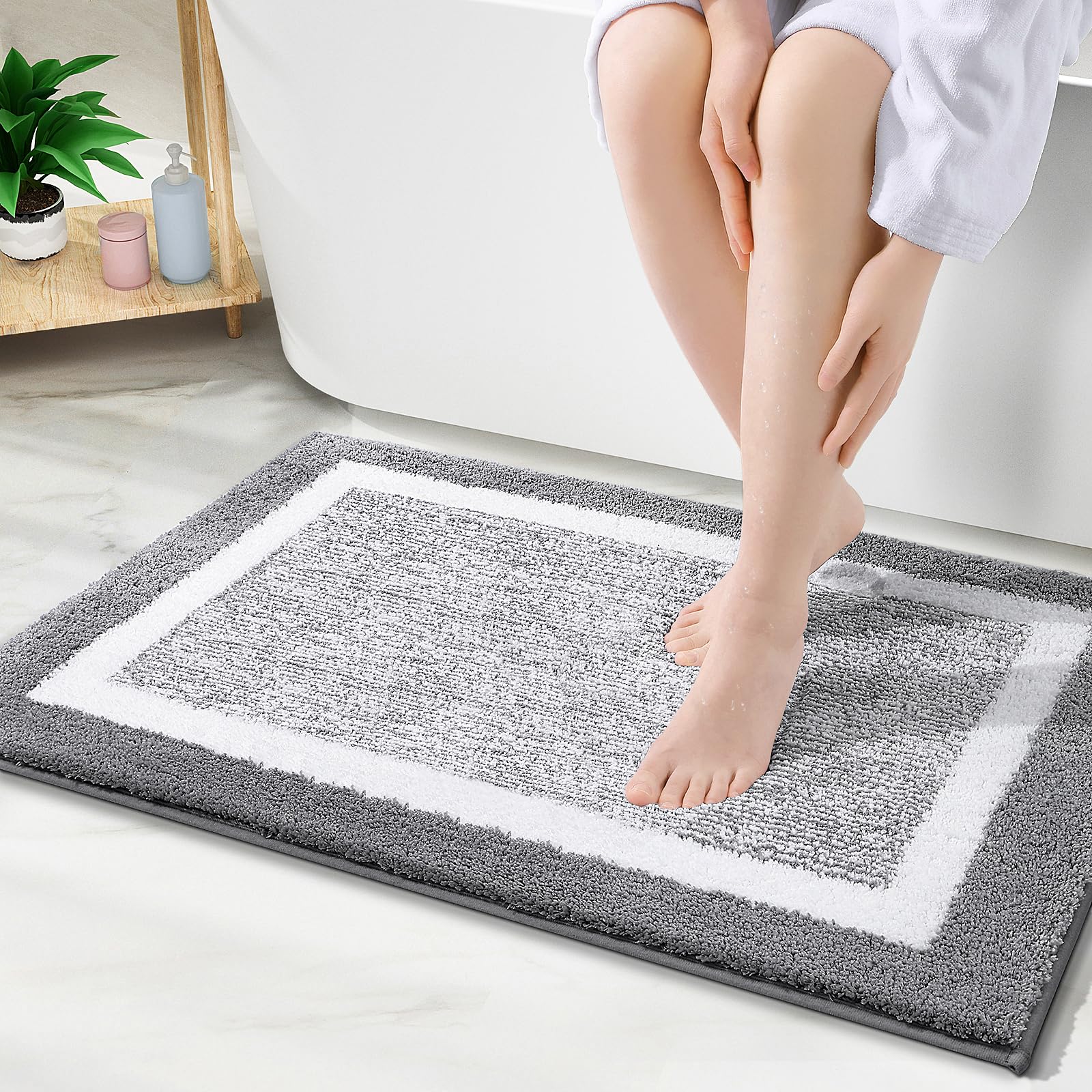 OLANLY Small Bathroom Rugs 24x16, Extra Soft and Absorbent Microfiber Bath Rugs, Non-Slip, Machine Washable, Quick Dry Shaggy Bath Carpet, Bath Mats for Bathroom Floor, Tub, Shower, Grey