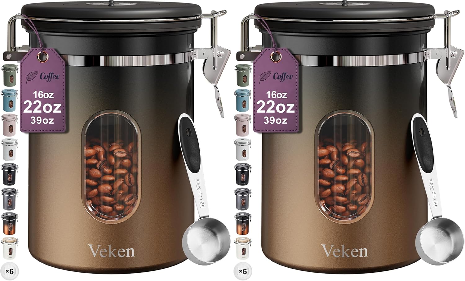 Veken Coffee Canister with Window,Airtight Stainless Steel Kitchen Food Storage Container, Date Tracker & Scoop for Grounds Coffee, Beans, Tea,Flour,Cereal,Sugar,22OZ,Copper