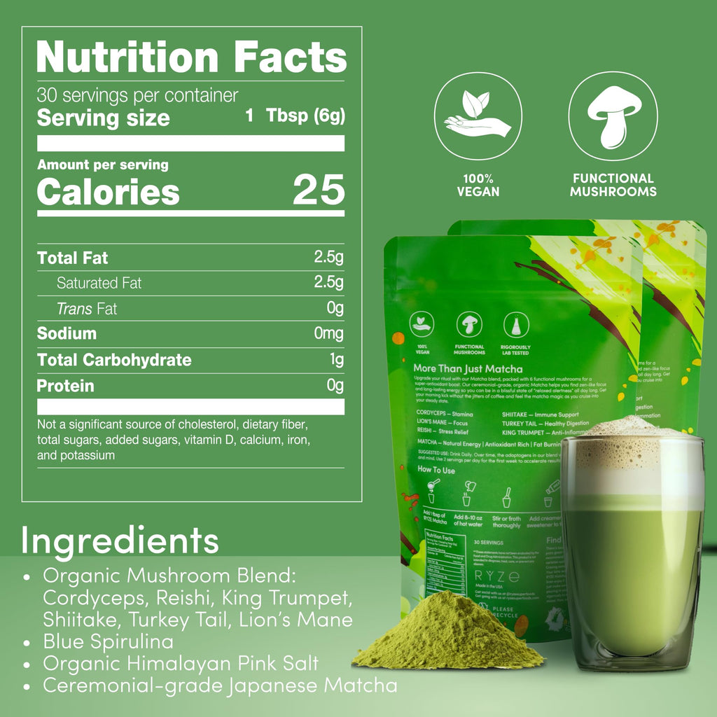 RYZE SUPERFOODS Mushroom Matcha Starter Kit, USDA Organic with 6 Adaptogenic Mushrooms and Ceremonial-Grade Matcha, Energy, Focus, Digestion, Immunity with Turkey Tail, Shiitake, Reishi (Matcha (Pack of 1))