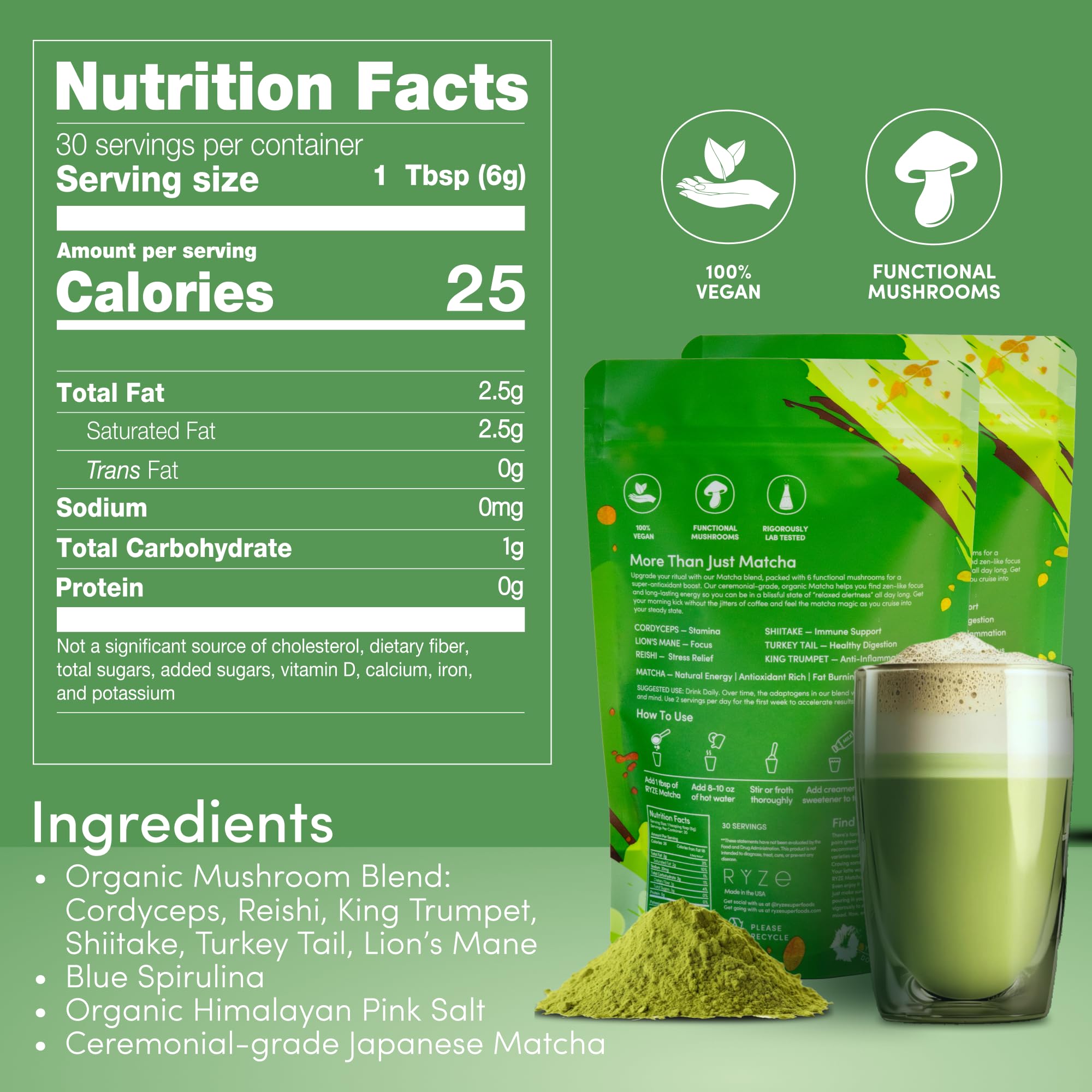 RYZE SUPERFOODS Mushroom Matcha Starter Kit, USDA Organic with 6 Adaptogenic Mushrooms and Ceremonial-Grade Matcha, Energy, Focus, Digestion, Immunity with Turkey Tail, Shiitake, Reishi (Matcha (Pack of 1))
