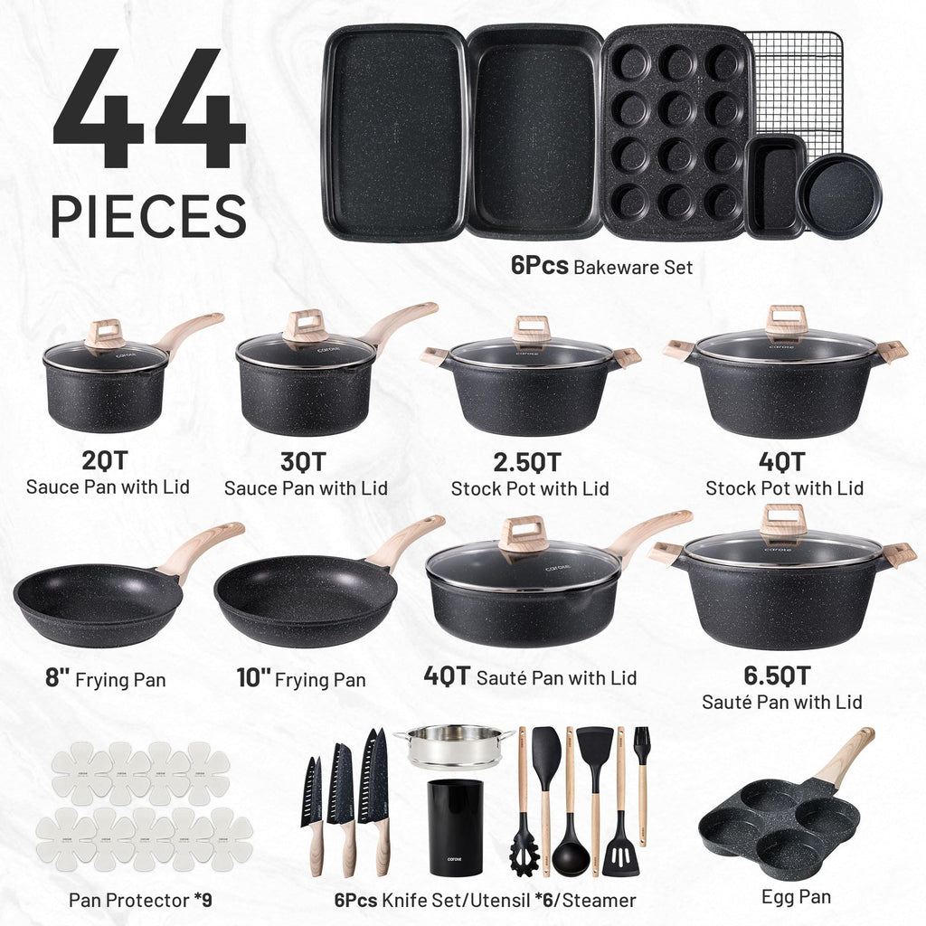 CAROTE 21Pcs Pots and Pans Set, Nonstick Cookware Sets, White Granite Induction Cookware Non Stick Cooking Set w/Frying Pans & Saucepans(PFOS, PFOA Free)