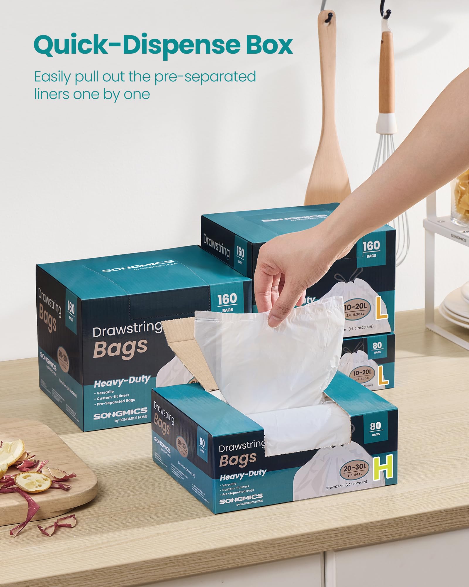 SONGMICS Trash Bags for 8-Gallon (30 L) Trash Cans, Drawstring Kitchen Garbage Bags, Pre-Separated, Liner Code 30A, 2 Rolls, 90 Count, White UKRB30A02