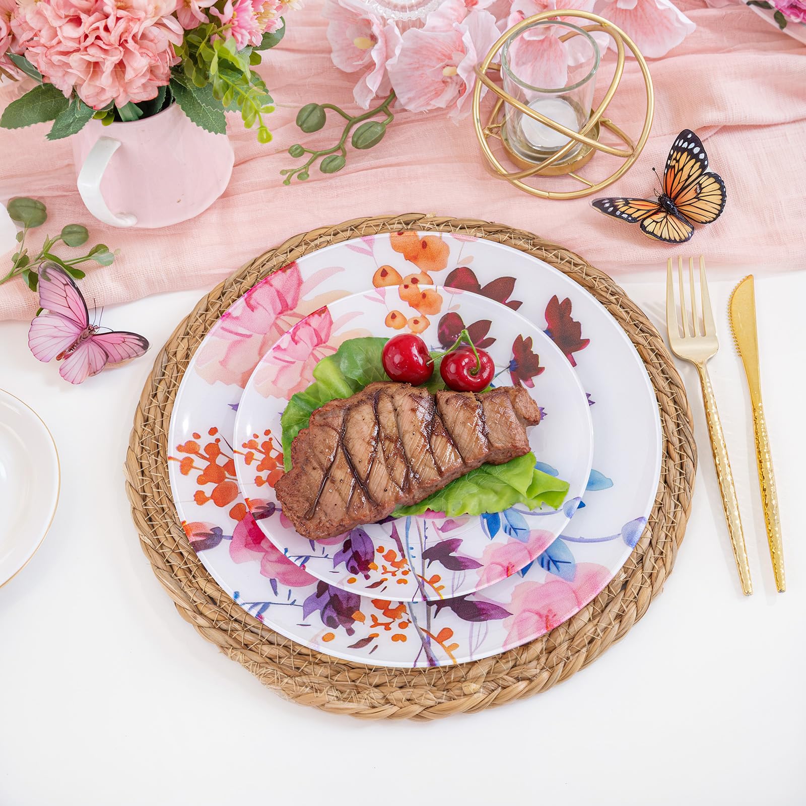 DaYammi 20Pcs Floral Disposable Plastic Plates-Disposable Heavy duty Watercolor Floral Plastic Plates 10.25 inch Dinner plates and 7.5 inch Dessert plates, Disposable Plate for Party Mother's Day