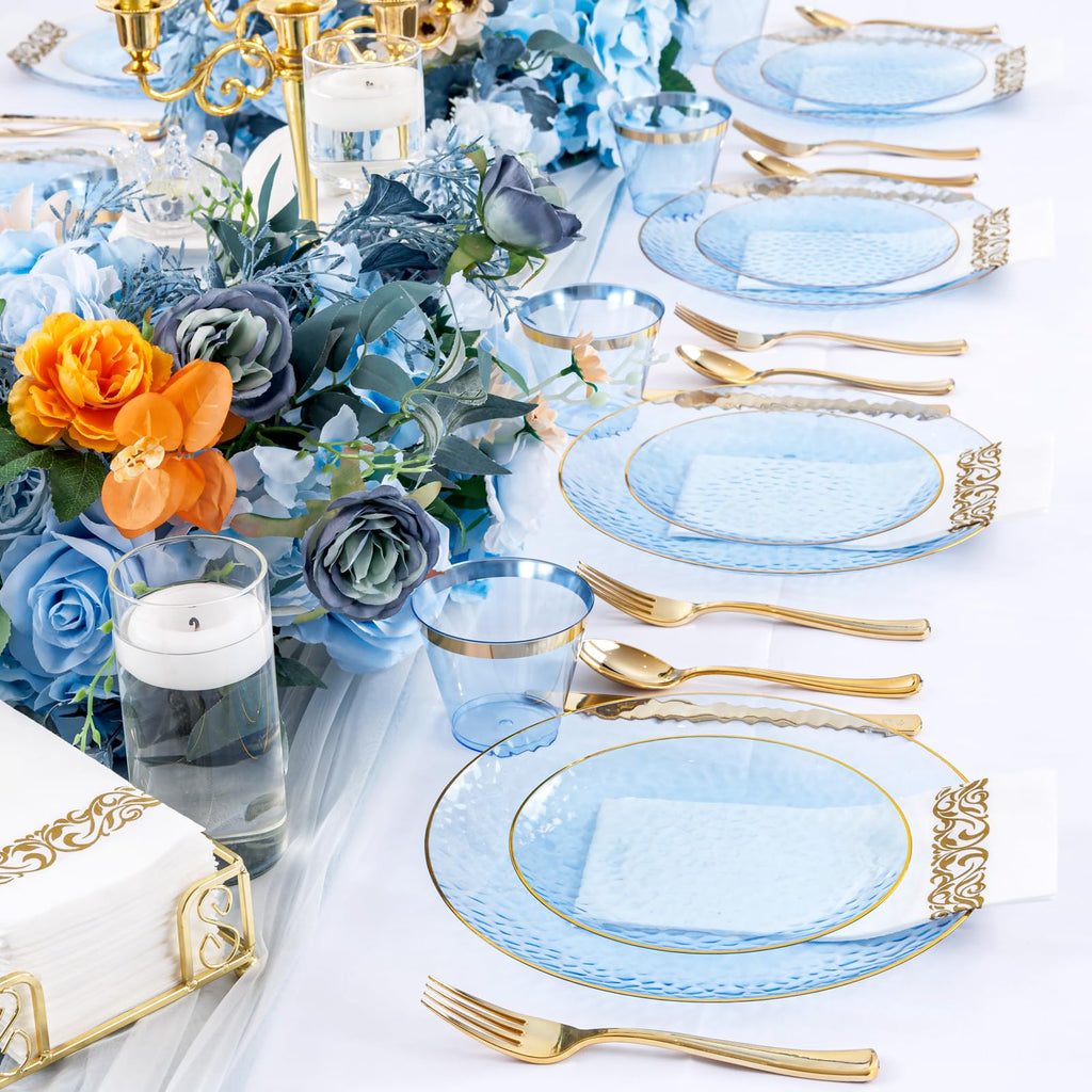 DaYammi 350PCS Clear Gold Plastic Dinnerware Set for 50 Guests, Hammered Disposable Plates for Party, Include: 50 Dinner Plates, 50 Dessert Plates, 150 Gold Silverware, 50 Napkins, 50 Cups