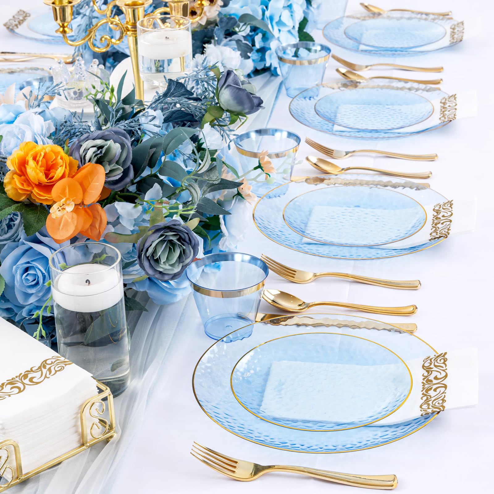 DaYammi 350PCS Clear Gold Plastic Dinnerware Set for 50 Guests, Hammered Disposable Plates for Party, Include: 50 Dinner Plates, 50 Dessert Plates, 150 Gold Silverware, 50 Napkins, 50 Cups