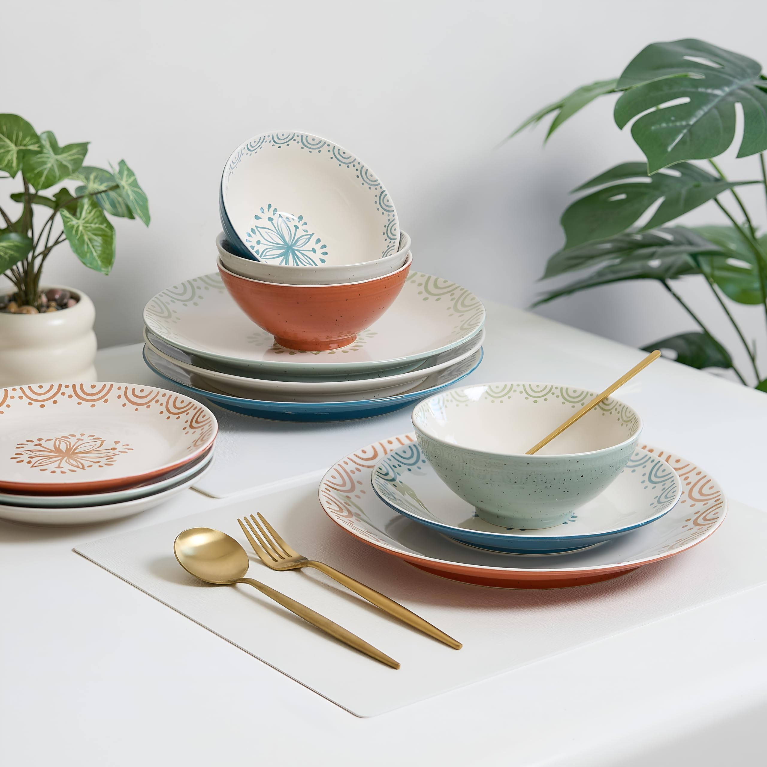 Sango Siterra Painter's Palette 16-Piece Stoneware Dinnerware Set - Service for 4, Ceramic Plates and Bowls Sets, Chip Resistant, Rustic Dishware, Microwave & Dishwasher Safe Kitchen Dishes
