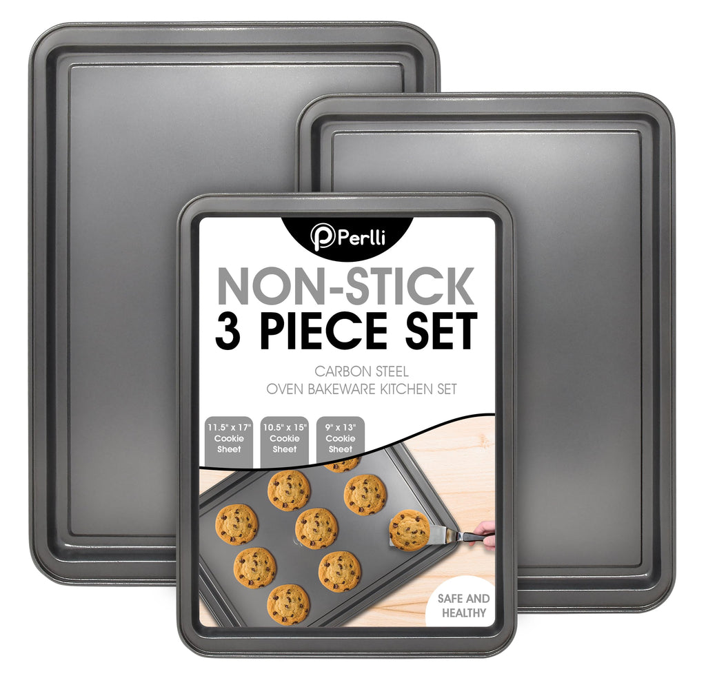 PERLLI Non-Stick 10-Piece Bakeware Set – Carbon Steel with Even Heat Distribution, Oven Safe to 446°F, BPA-Free, Dishwasher Safe, Stackable Baking Tools for Easy Storage and Everyday Cooking - Gray