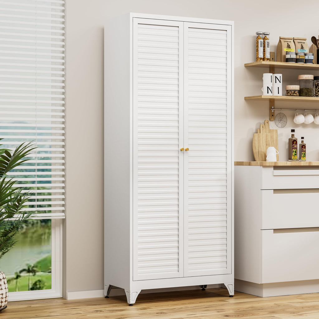 Polup White Kitchen Pantry Cabinet, 71 Inch Tall Metal Storage Cabinet with Doors and Shelves, Pantry Cabinets for Kitchen Storage, Freestanding Cupboard for Living, Dining Room, Assemble Required