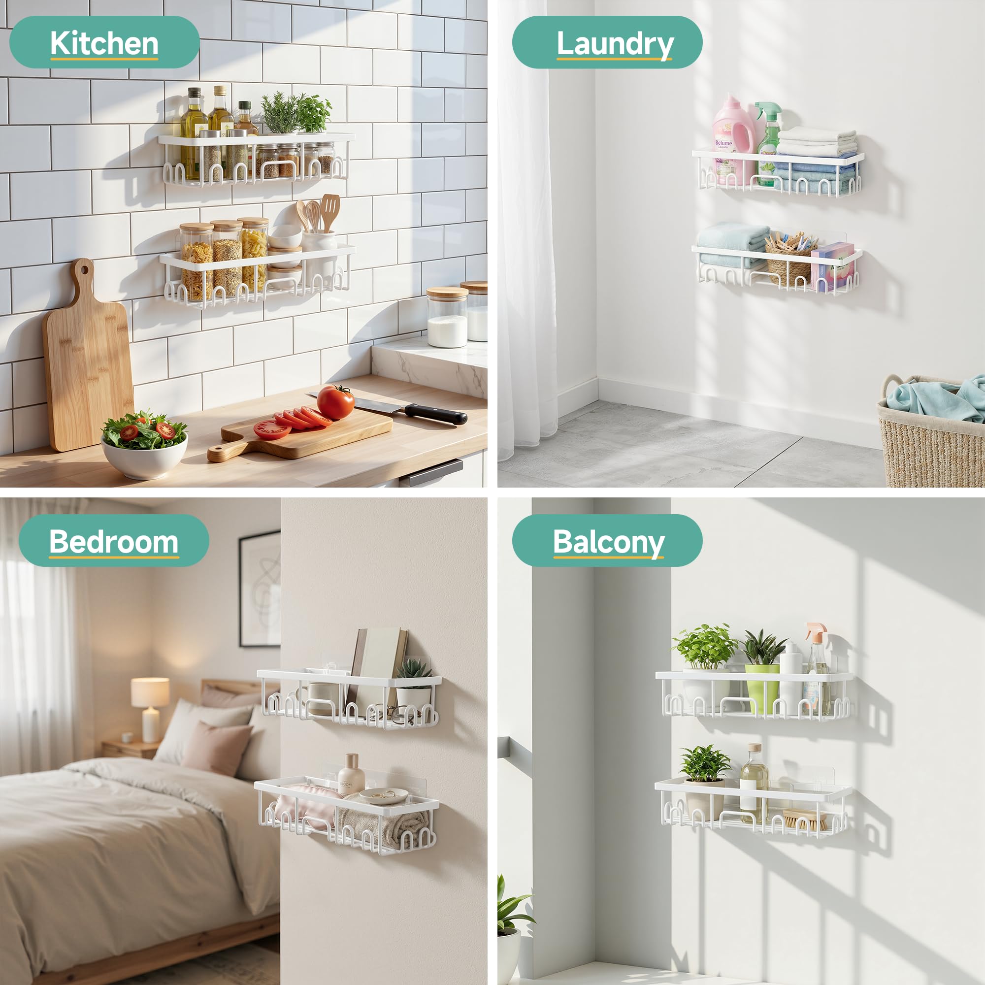 Veken Shower Caddy 6-Pack, Advanced Rustproof Design, No Drilling Adhesive Shelves, Rack with Soap Holder, Large Capacity Bathroom Organizers and Storage, Wall-Mounted Kitchen & Home Decor