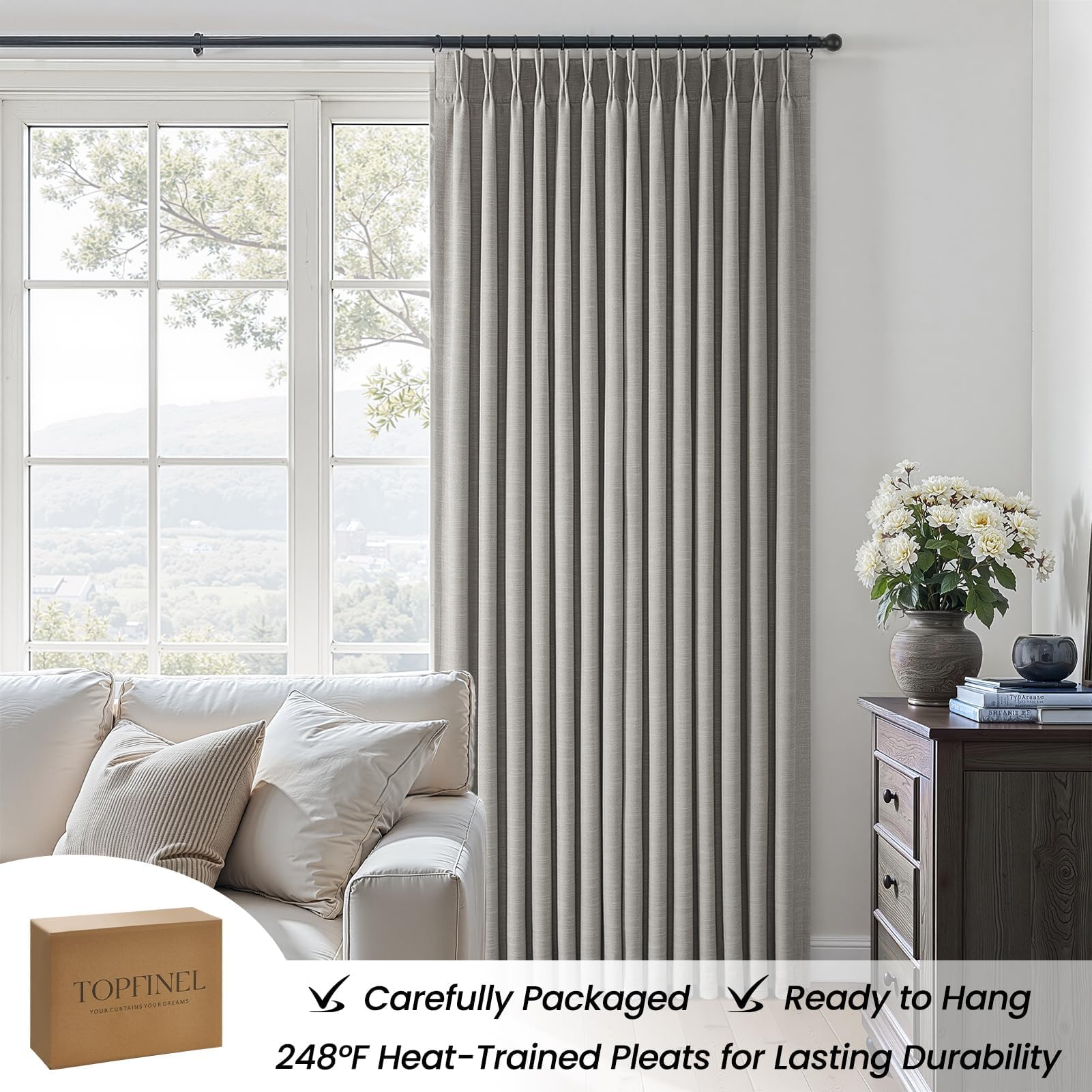 Topfinel 84 Inch Long Natural Blackout Curtains for Bedroom Livingroom, Farmhouse Back Tab Pinch Pleated Drapes for Track System,Neutral Linen Ambiance & Privacy Drapes Natural 52" W*84" L