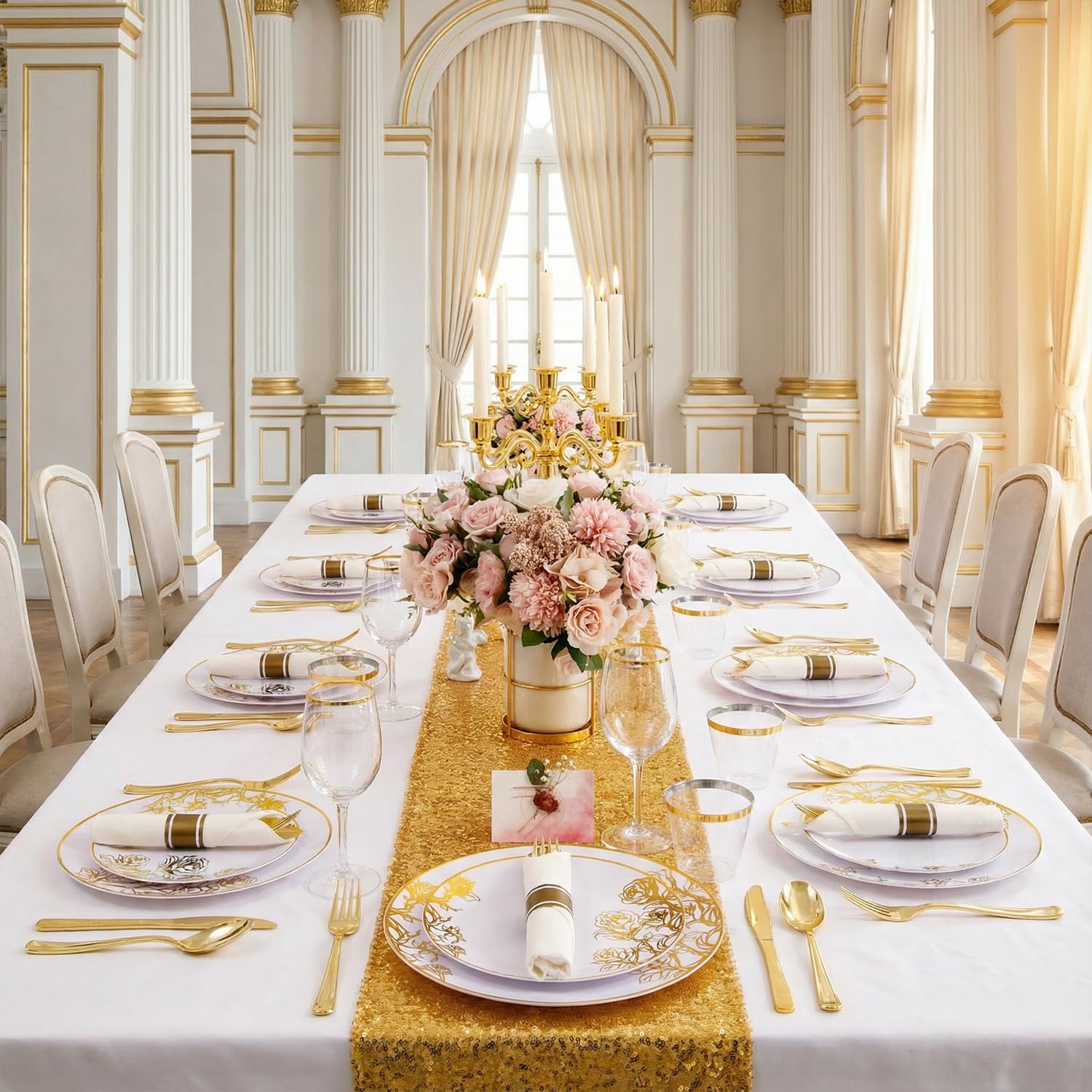 DaYammi 210Pcs White Gold Plastic Plates for Party,Gold Disposable Dinnerware Set Includes 60 gold Floral Plates,30 Plastic Silverware,30 Per Rolled Napkins,30 Cups for Mother's Day Party Wedding