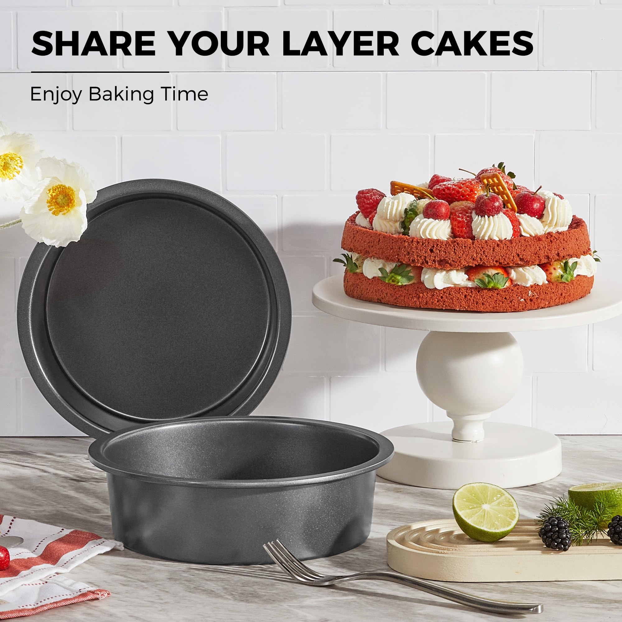 HONGBAKE 8x8 Cake Baking Pan Set, Nonstick Square Brownie Pans with Wider Grips, 2 Pieces, Heavy Duty, Grey