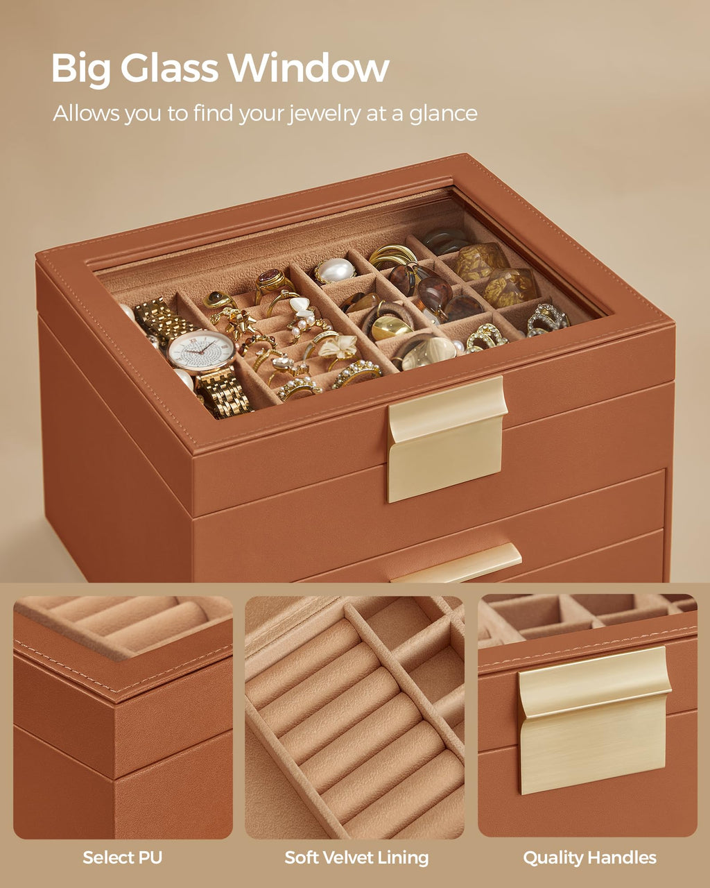SONGMICS GISELLA Collection - Jewelry Box Organizer, 3-Layer Jewelry Storage with 2 Drawers, Shiny Metal Hardware, Glass Lid, Modern, 8 x 9.1 x 5.3 Inches, Cloud White and Gold Color UJBC239WT
