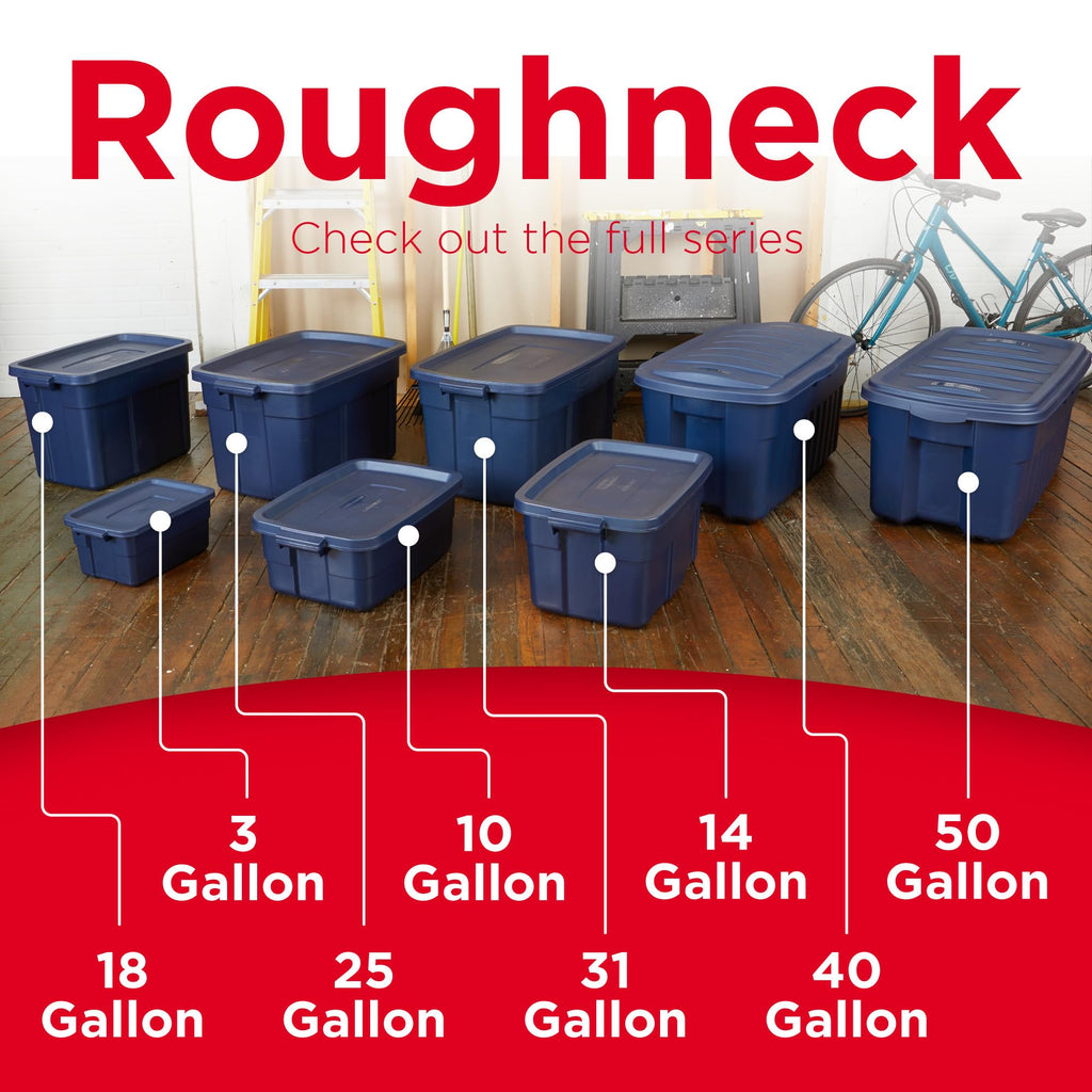 Rubbermaid Roughneck Tote 14 Gal, 6 Pack, Made in USA, Dark Indigo Metallic, Rugged Plastic Stackable Storage Bins with Lids and Handles