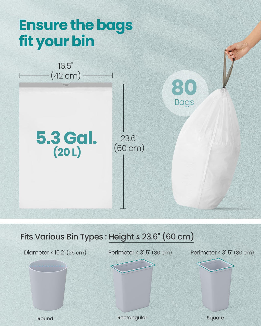 SONGMICS Trash Bags for 8-Gallon (30 L) Trash Cans, Drawstring Kitchen Garbage Bags, Pre-Separated, Liner Code 30A, 2 Rolls, 90 Count, White UKRB30A02