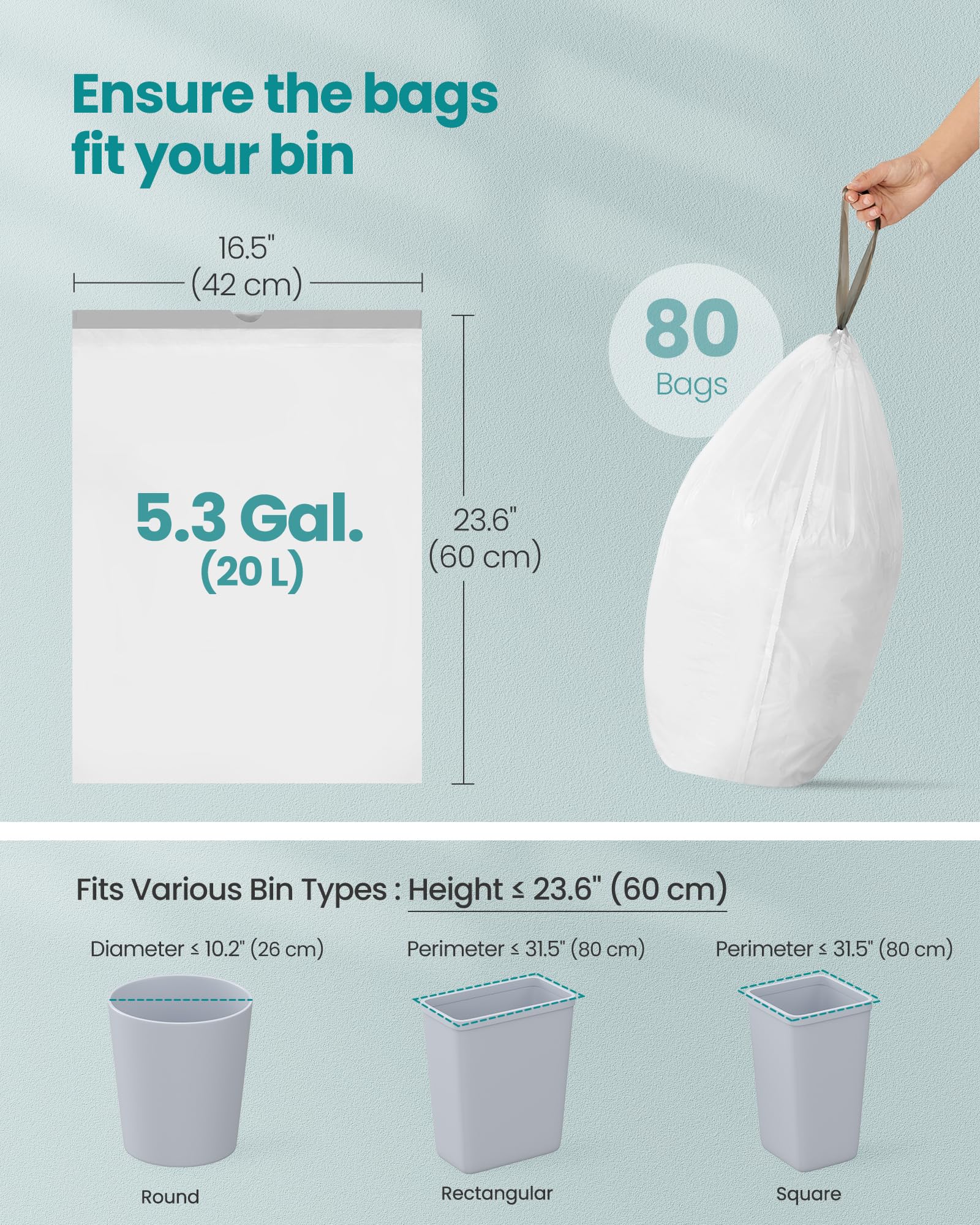 SONGMICS Trash Bags for 8-Gallon (30 L) Trash Cans, Drawstring Kitchen Garbage Bags, Pre-Separated, Liner Code 30A, 2 Rolls, 90 Count, White UKRB30A02