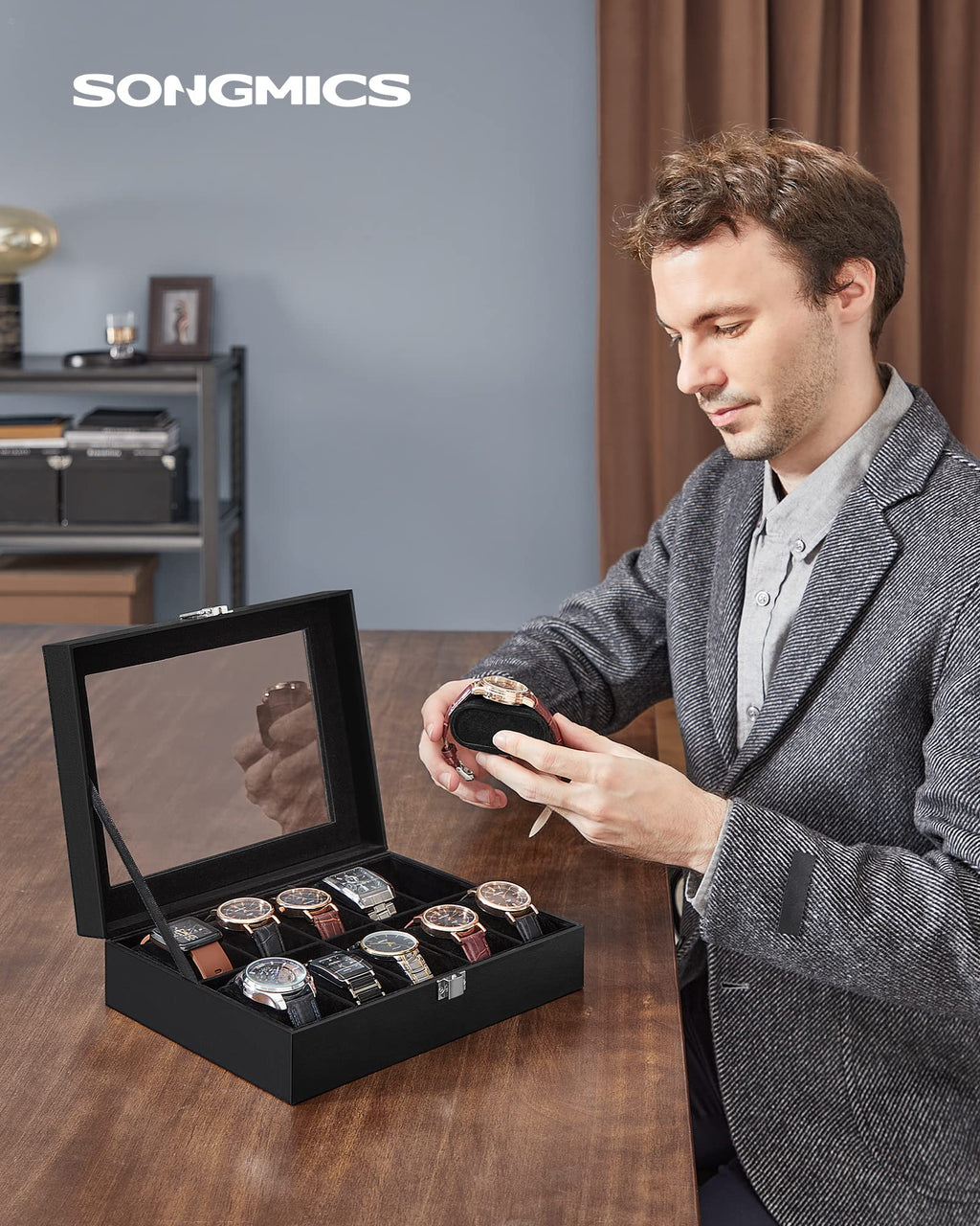 SONGMICS Watch Box, 12-Slot Watch Case Organizer with Large Glass Lid, Removable Pillows, Gift for Loved Ones, Black Synthetic Leather, Gray Lining UJWB12BK