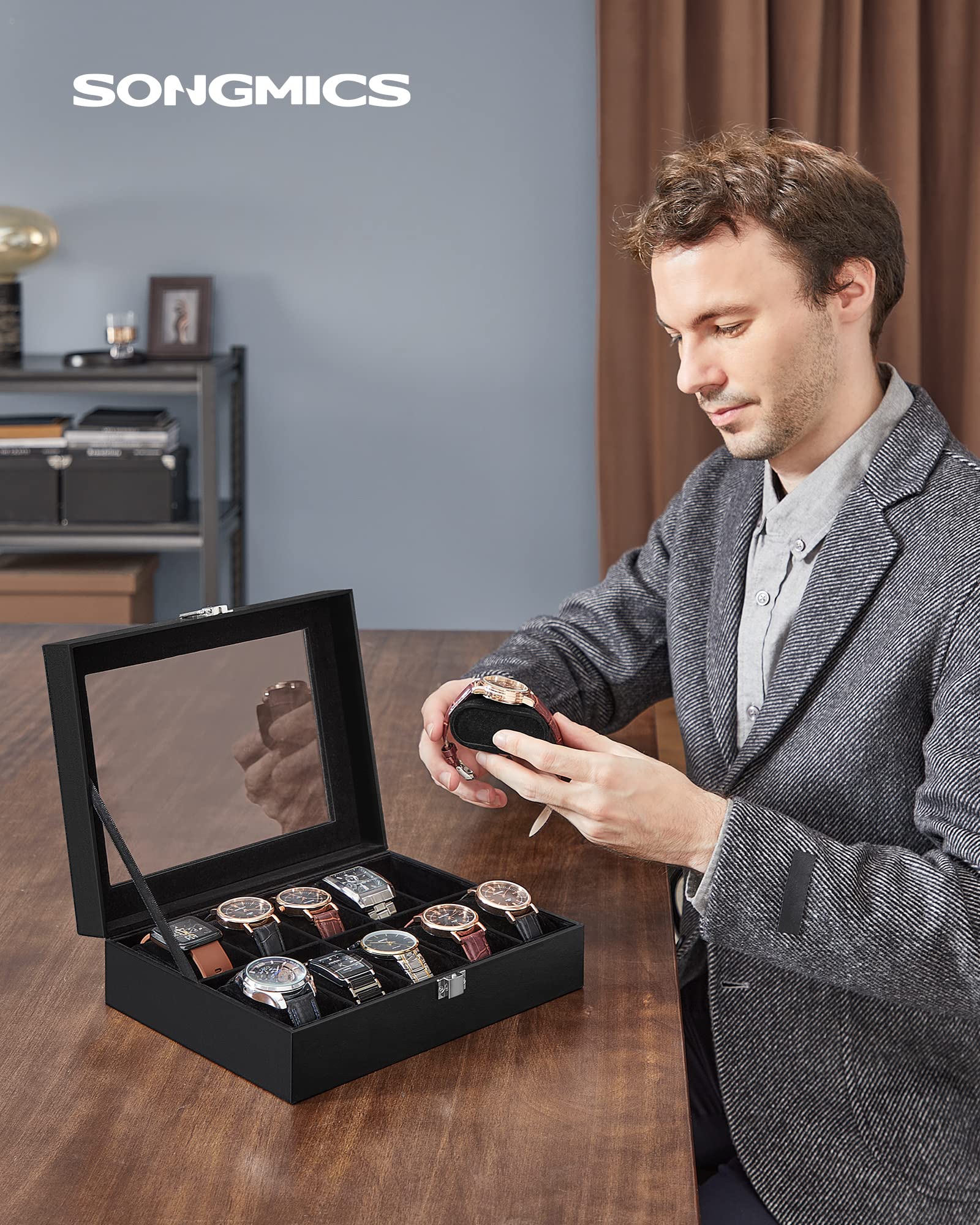 SONGMICS Watch Box, 12-Slot Watch Case Organizer with Large Glass Lid, Removable Pillows, Gift for Loved Ones, Black Synthetic Leather, Gray Lining UJWB12BK