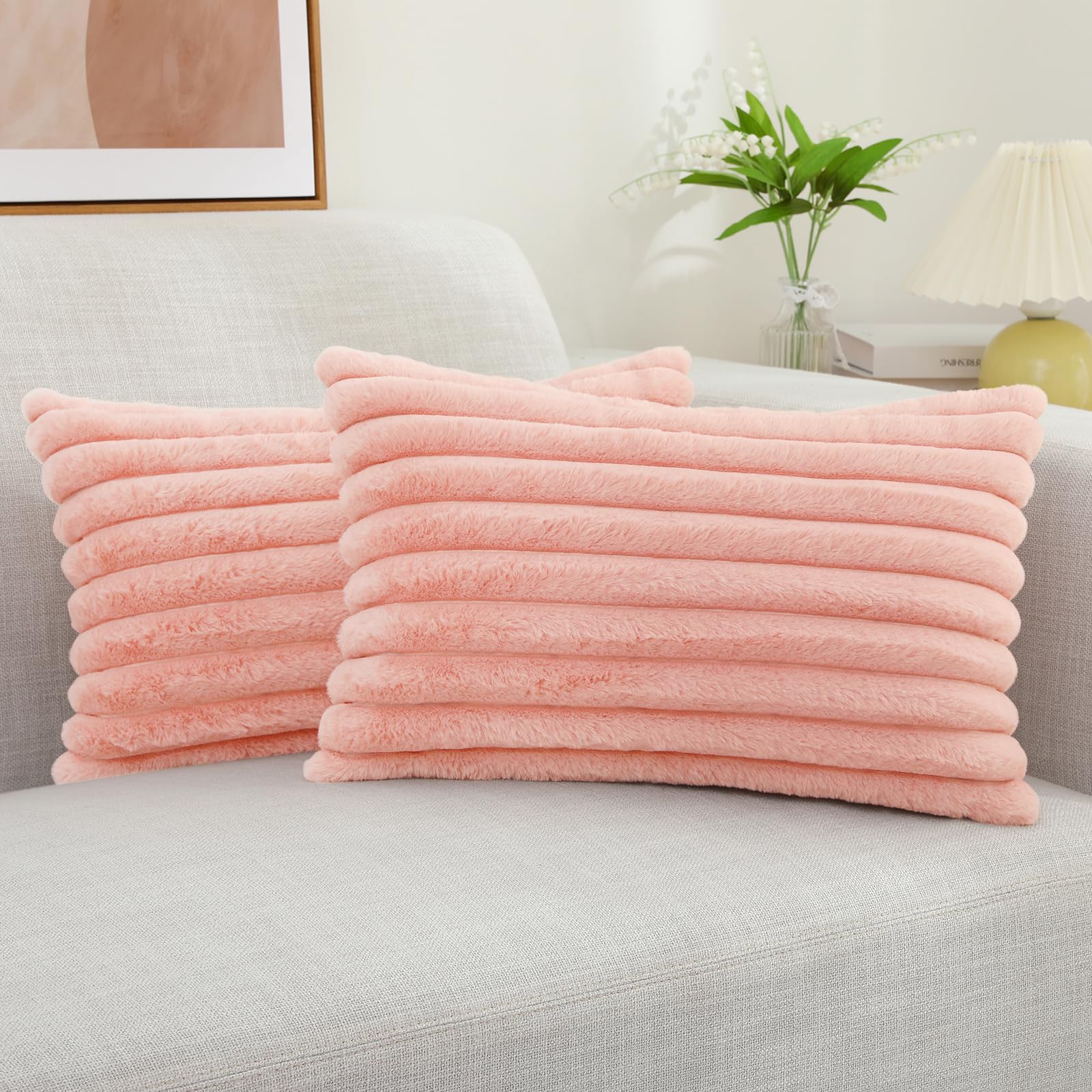 decorUhome Cozy Faux Fur Spring Throw Pillow Covers 18x18 Set of 2 Decorative Soft Plush Striped Modern Farmhouse Boho Couch Pillow Cases with Velvet Back for Sofa Bed Living Room, Cream White
