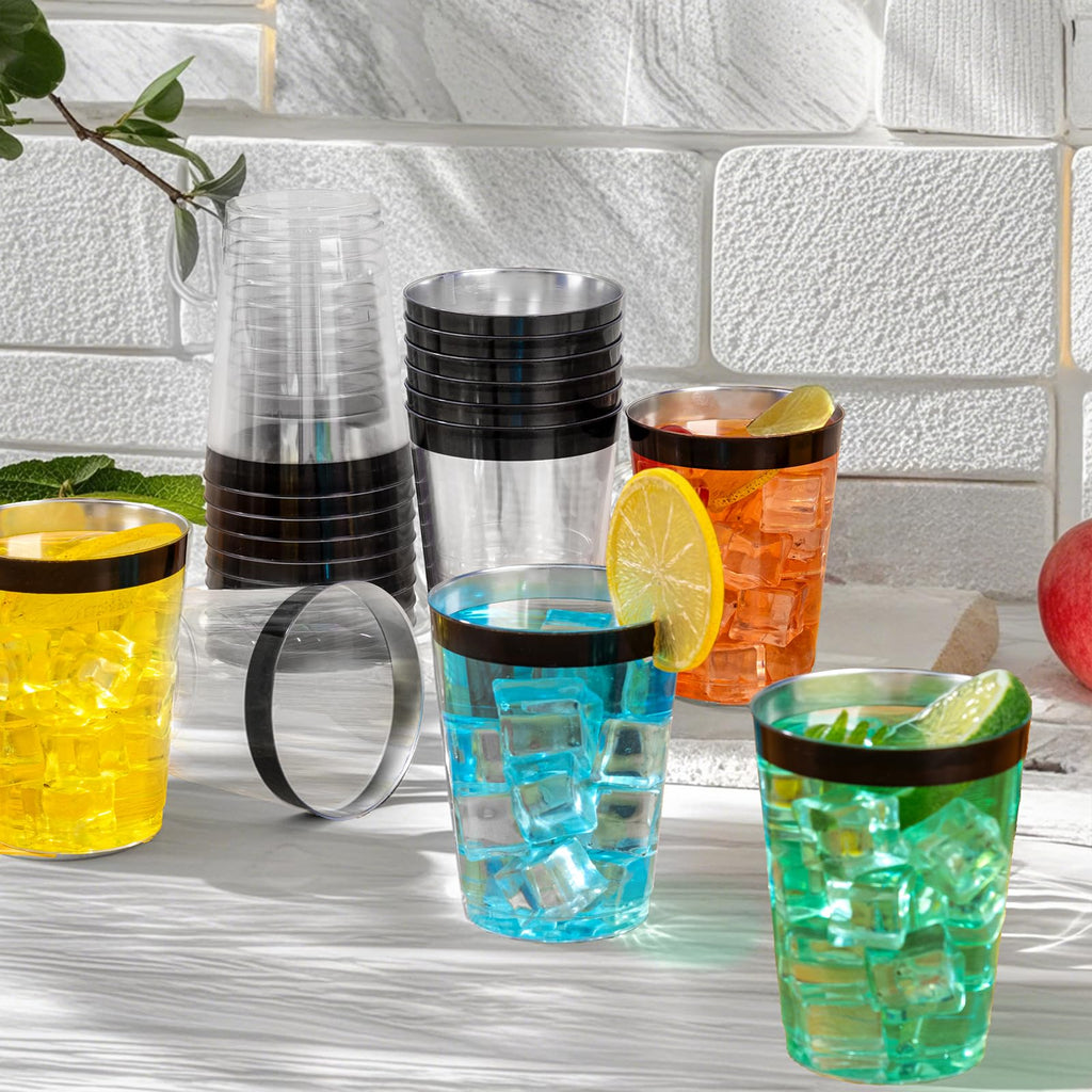 DaYammi 200 Pack Gold Plastic Cups 10 Oz Clear Cup Gold Rimmed Disposable Wine Glasses Fancy Disposable Party Cups Tumblers Drinking Cup Plastic Cocktail Glasses gold disposable cups for Party Wedding