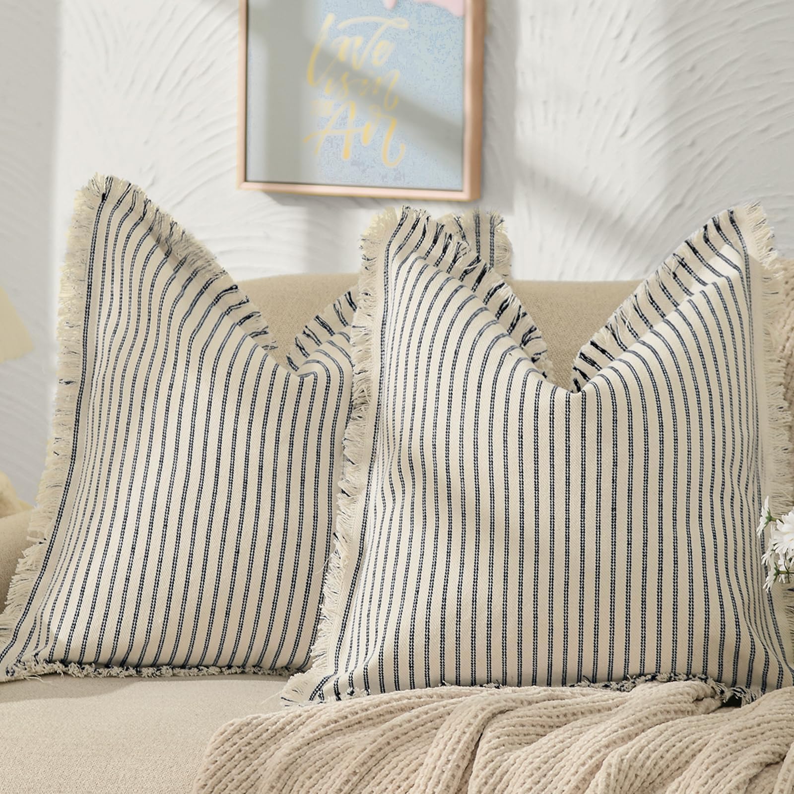 ZWJD Throw Pillow Covers 20x20 Set of 2 Striped Pillow Covers with Fringe Chic Cotton Decorative Pillows Square Cushion Covers for Sofa Couch Bed Living Room Farmhouse Decor, (Gray)