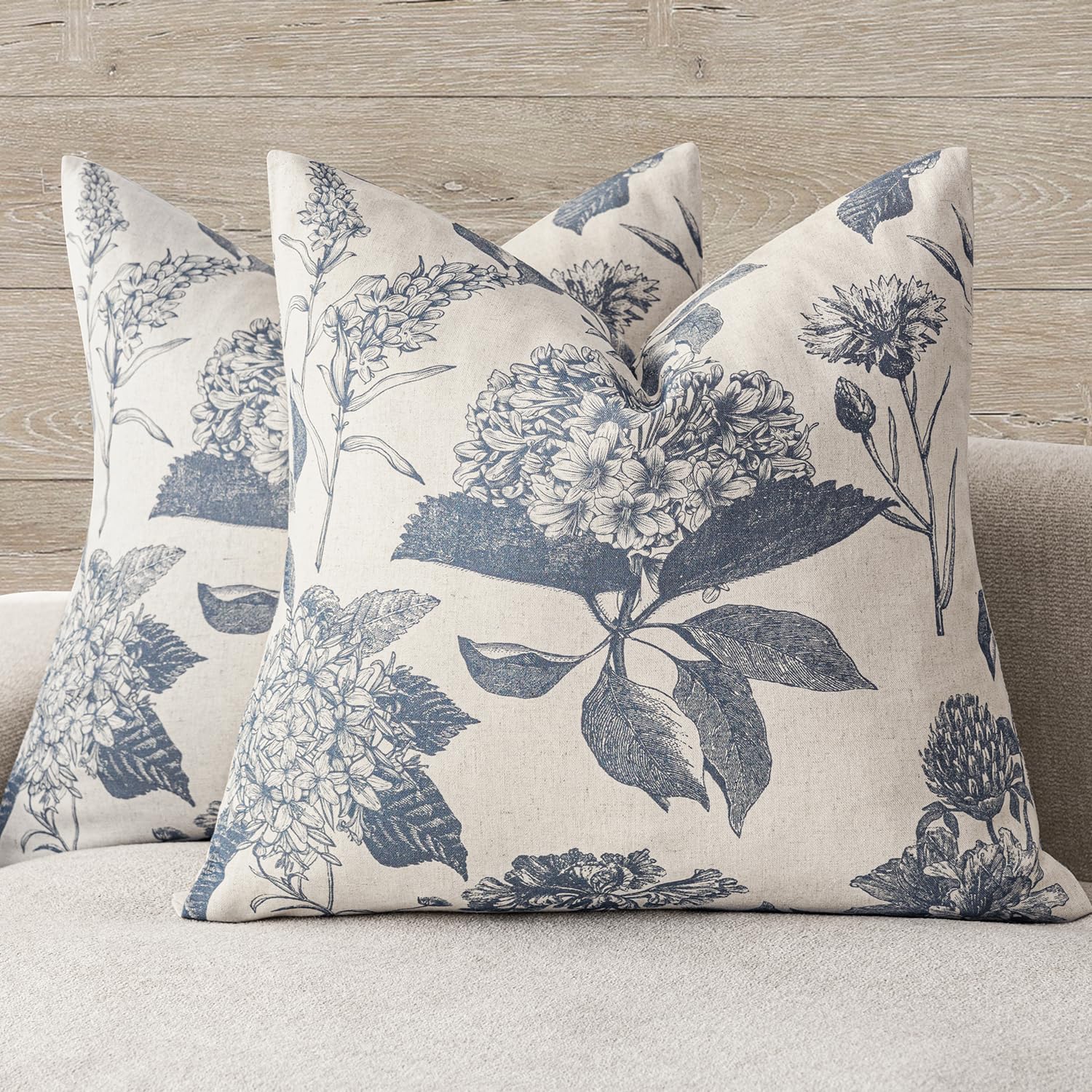 Foindtower Set of 2 Linen Floral Vintage Throw Pillow Covers Neutral Accent Print Decorative Cushion Covers Farmhouse Boho Home Decor for Sofa Chair Couch Bedroom Living Room,18×18 Inch,Blue