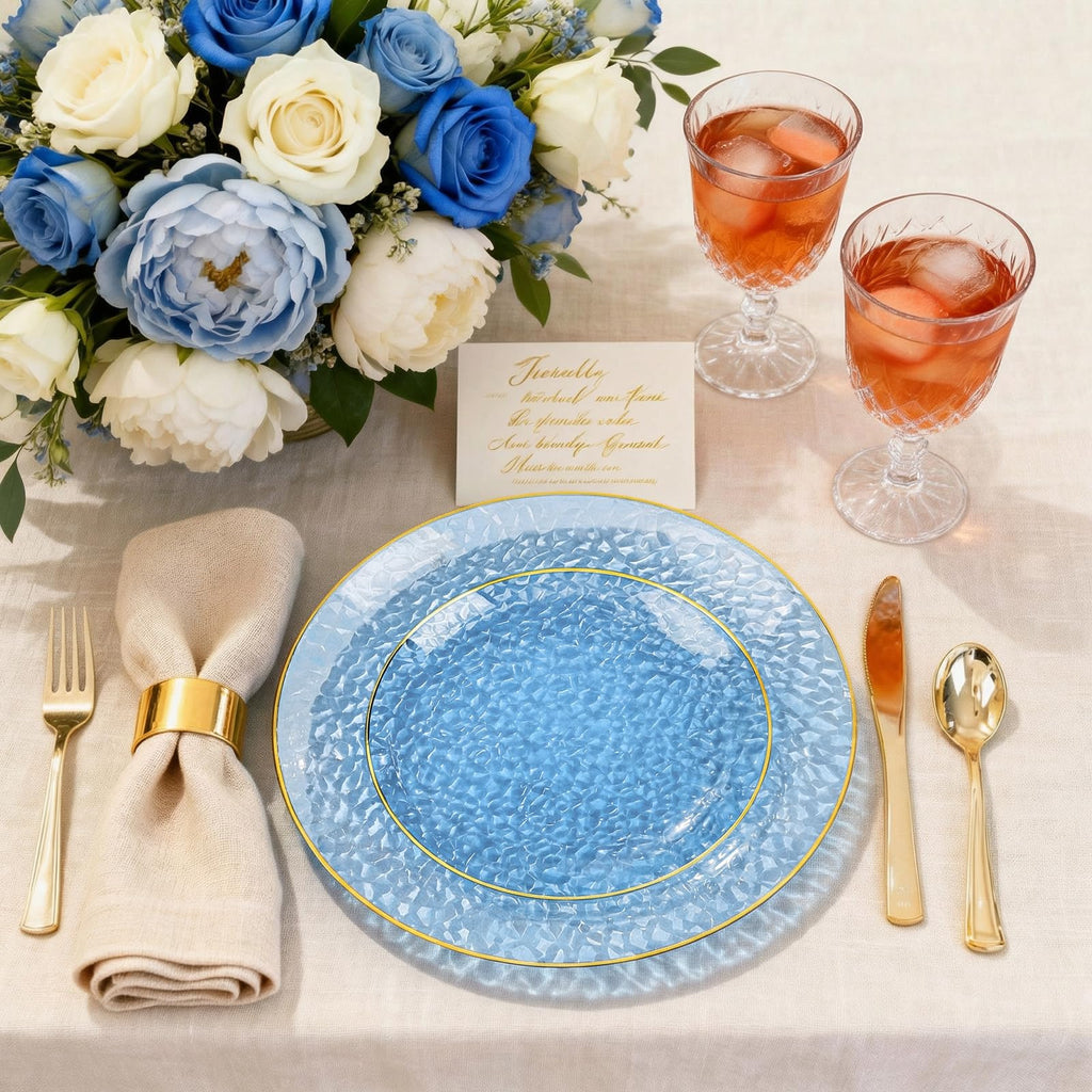 DaYammi 240Pcs Gold Plastic Plates Including 120Pcs Dessert Plates and 120Pcs Cake Forks,Hammered Party Plate,Clear Gold Appetizer plates Heavy duty Disposable Plastic Plate for Party Wedding Birthday