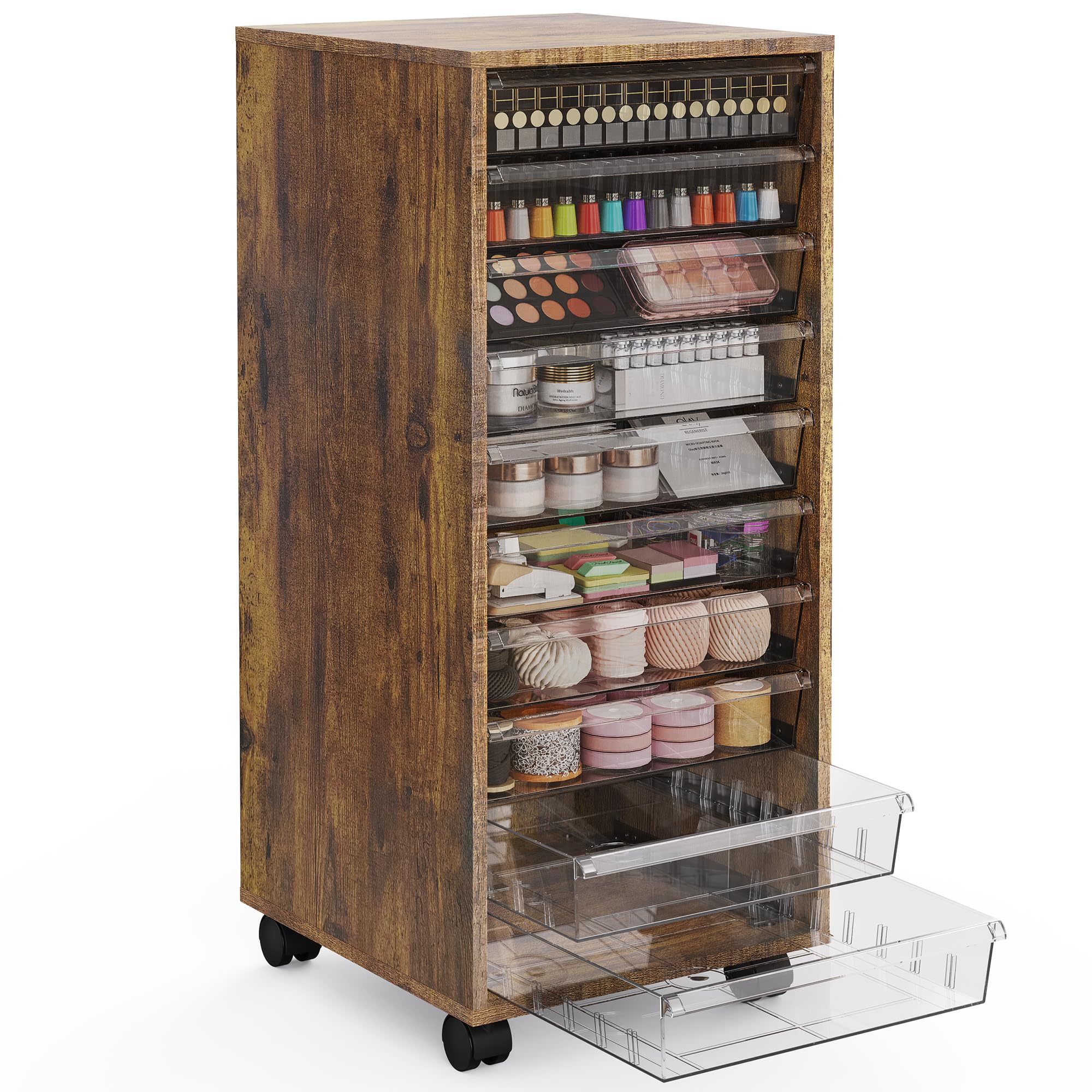 WOPITUES Storage Drawer Cart, Mobile Storage Cabinet, Makeup Storage with 10 Large Clear Drawers, Utility Wooden Rolling Cart on Wheels, for Cosmetic, Art Craft, Office Supplies, Toy, White