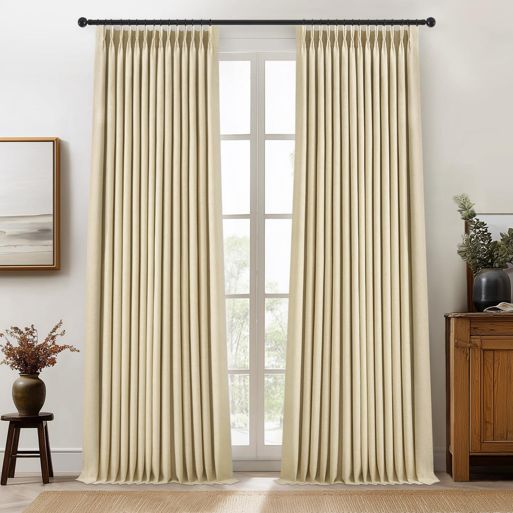 Topfinel 96 Inches Long Pinch Pleated 100% Blackout Curtains,Thermal Insulated Natural Linen Pinch Pleat Viral Drapes with Hooks Rings 2 Panel Sets,Neutral Beige Ivory 8FT Back Tab Window Curtains