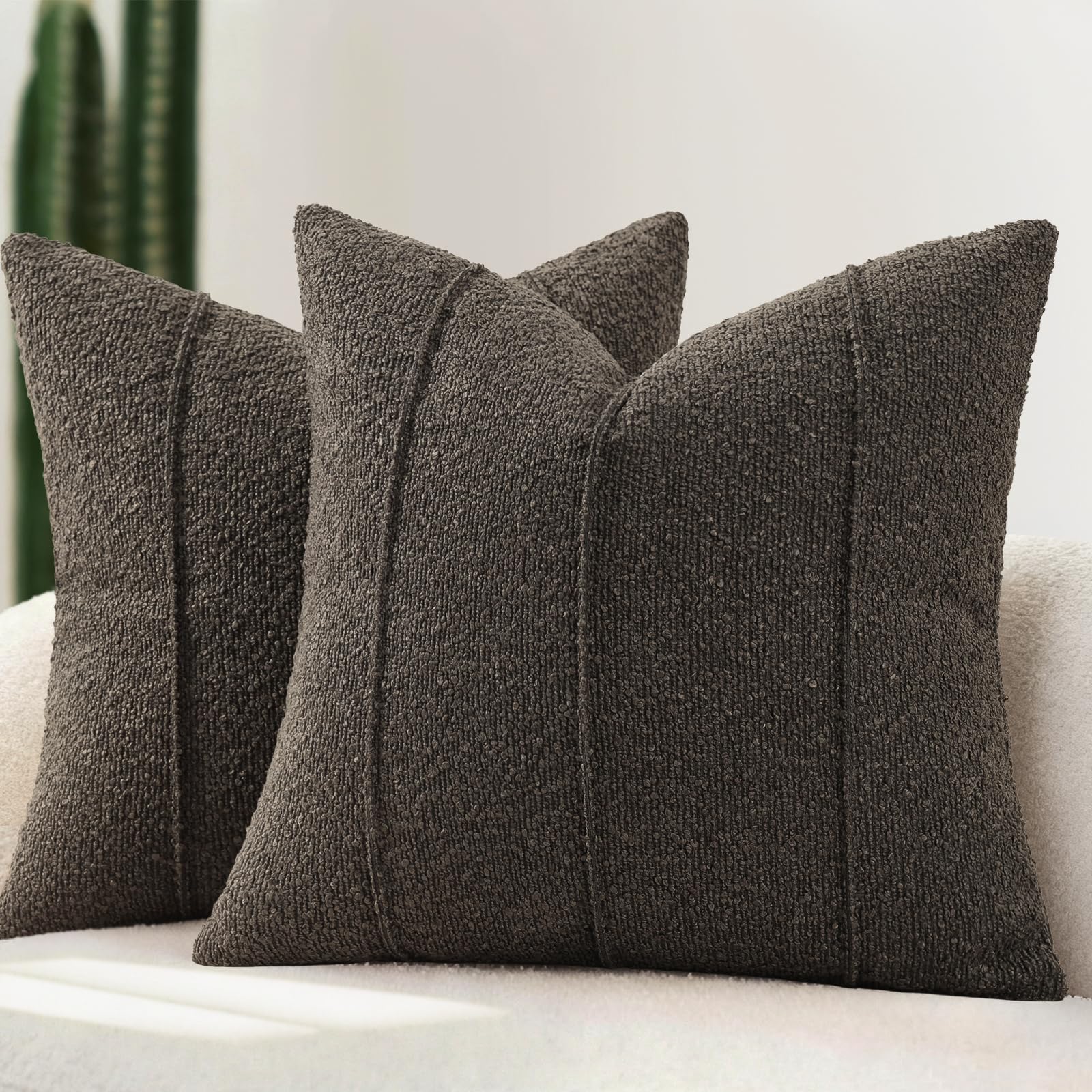 YCOLL Textured Boucle Throw Pillow Covers 20x20 Pack of 2 - Soft Neutral Striped Cushion Covers, Cozy Accent Decorative Pillow Covers for Couch, Sofa, Bed, Living Room (Beige)
