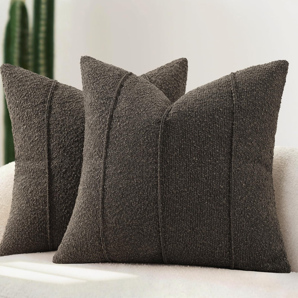 YCOLL Textured Boucle Throw Pillow Covers 20x20 Pack of 2 - Soft Neutral Striped Cushion Covers, Cozy Accent Decorative Pillow Covers for Couch, Sofa, Bed, Living Room (Beige)