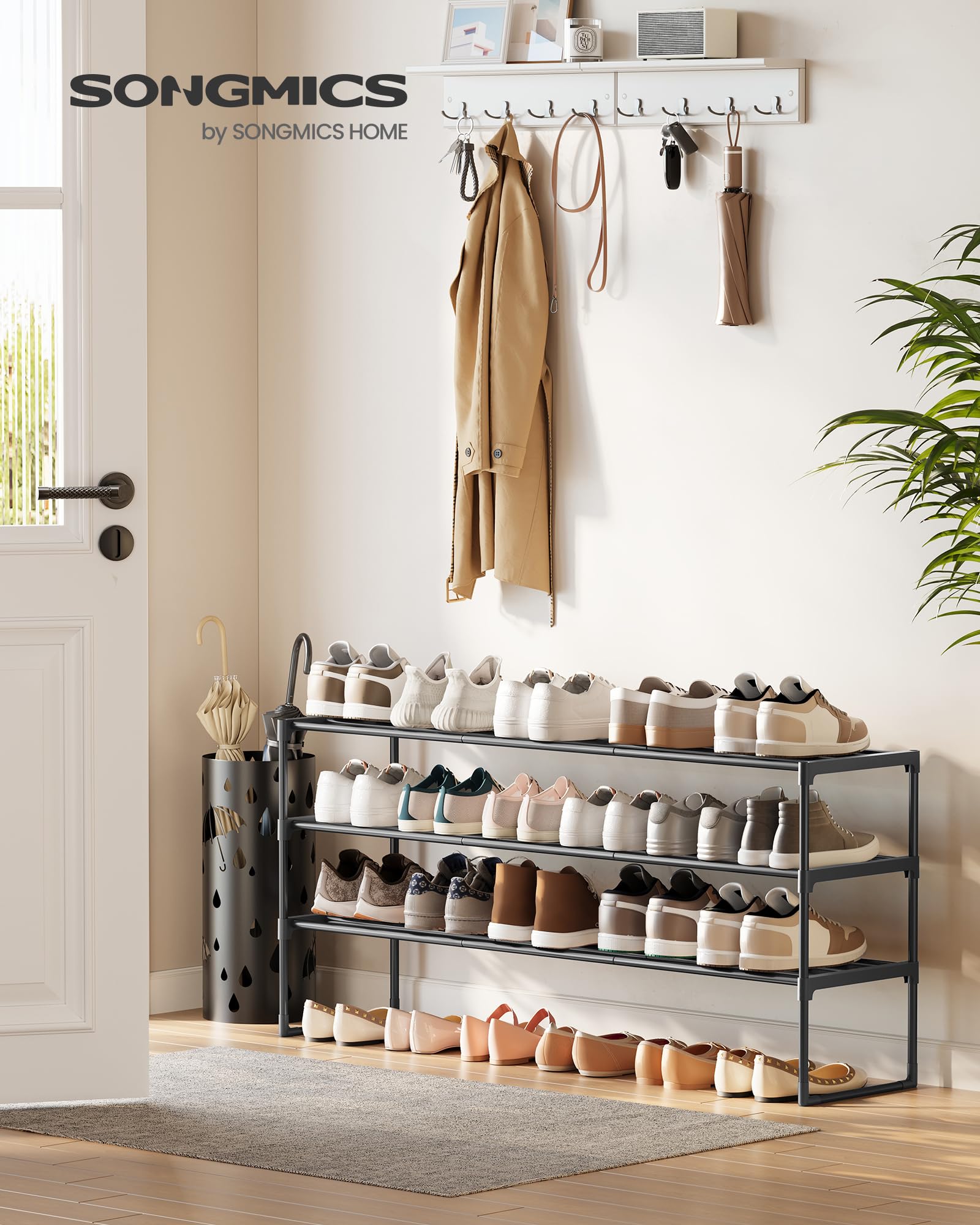 SONGMICS Shoe Rack, 3-Tier Shoe Organizer, Metal Storage Shelf, Upright or Upside Down, for 16-20 Pairs, Stackable, for Entryway, 11.8 x 36.2 x 21.7 Inches, Black ULSA303B02