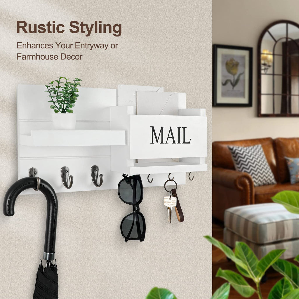 Mail Organizer for Wall Mount – Key Holder with Shelf Includes Letter Holder and Hooks for Hallway Farmhouse Decor – Rustic Wood with Flush Mounting Hardware (16.5” x 9.1” x 3.4”) (White)