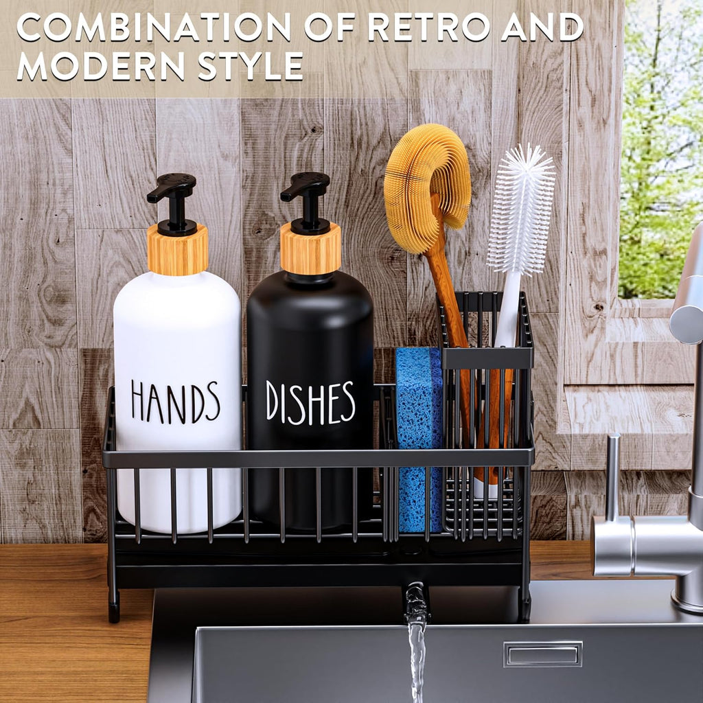 Cisily Kitchen Soap Dispenser Set with Sink Caddy, 17 Oz Glass Bottle, Hand and Dish Soap Dispenser Set with Sponge Holder, Black Stainless Steel Rustic Kitchen Countertop Sink Organizer Accessories
