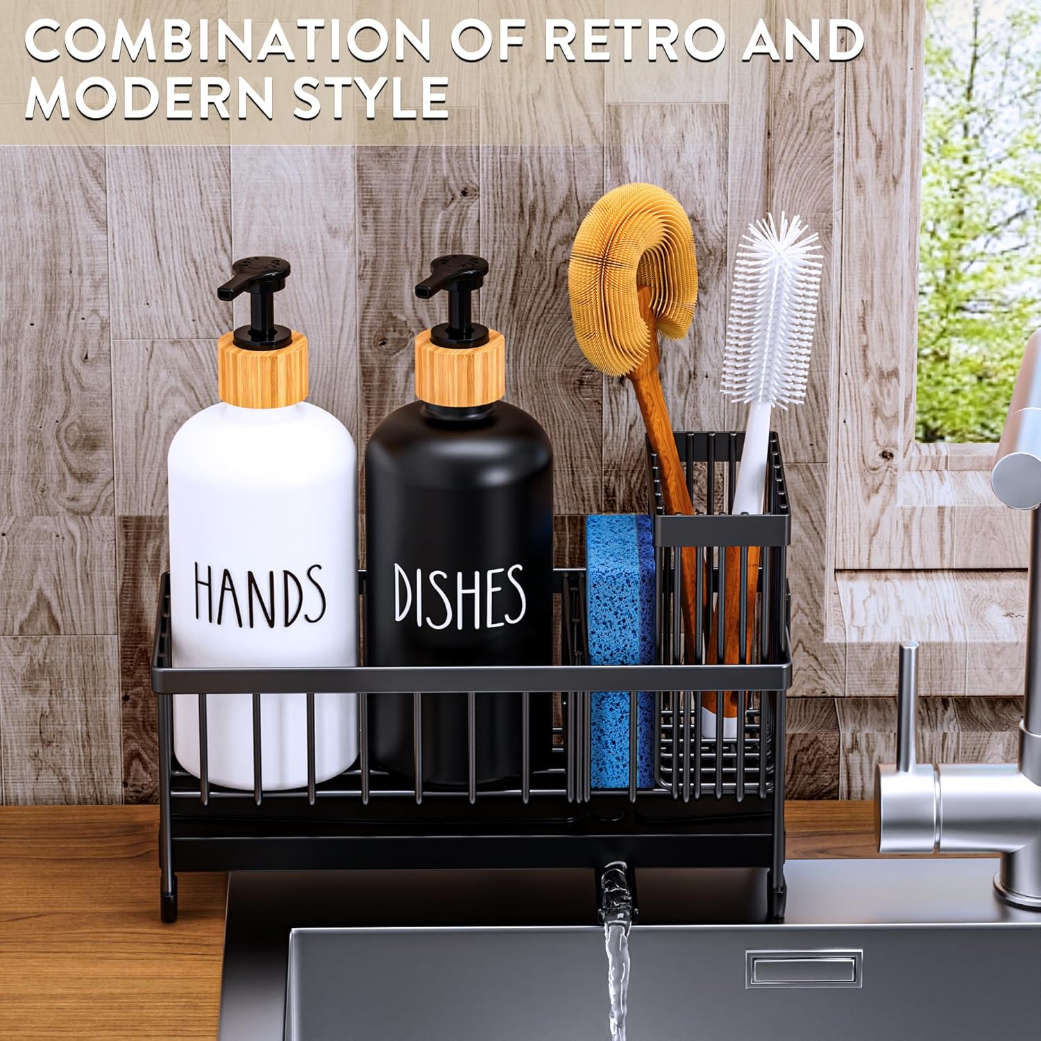 Cisily Kitchen Soap Dispenser Set with Sink Caddy, 17 Oz Glass Bottle, Hand and Dish Soap Dispenser Set with Sponge Holder, Black Stainless Steel Rustic Kitchen Countertop Sink Organizer Accessories