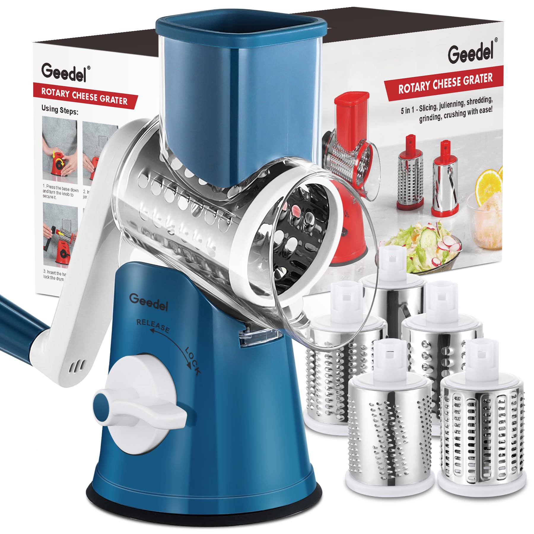 Geedel Rotary Cheese Grater, Kitchen Mandoline Vegetable Slicer with 3 Interchangeable Blades, Easy to Clean Rotary Grater Slicer for Fruit, Vegetables, Nuts