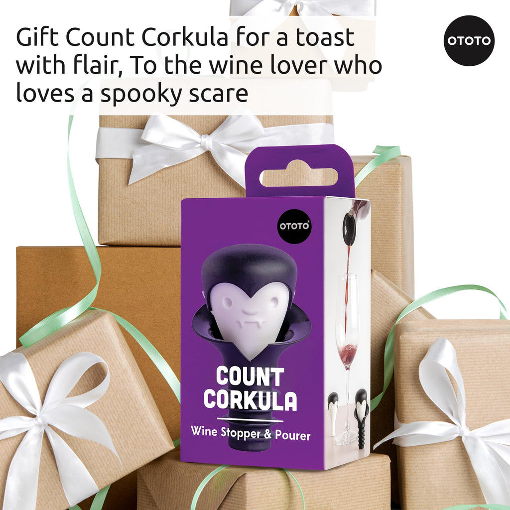 OTOTO Wine Stoppers & Pourer - Halloween Gifts for Wine Lovers, Spooky Wine Bottle Stopper, Wine Goth Accessories, Fun Kitchen Gadgets (Count Corkula)