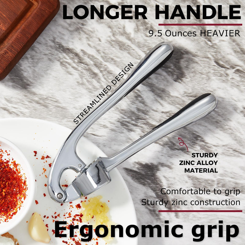 Kitessensu High Effective Garlic Press With Studs, Heavy Duty Garlic Mincer, Easy to Squeeze and Clean, Rust Proof & Dishwasher Safe, Ginger Crusher- Imperial Silver