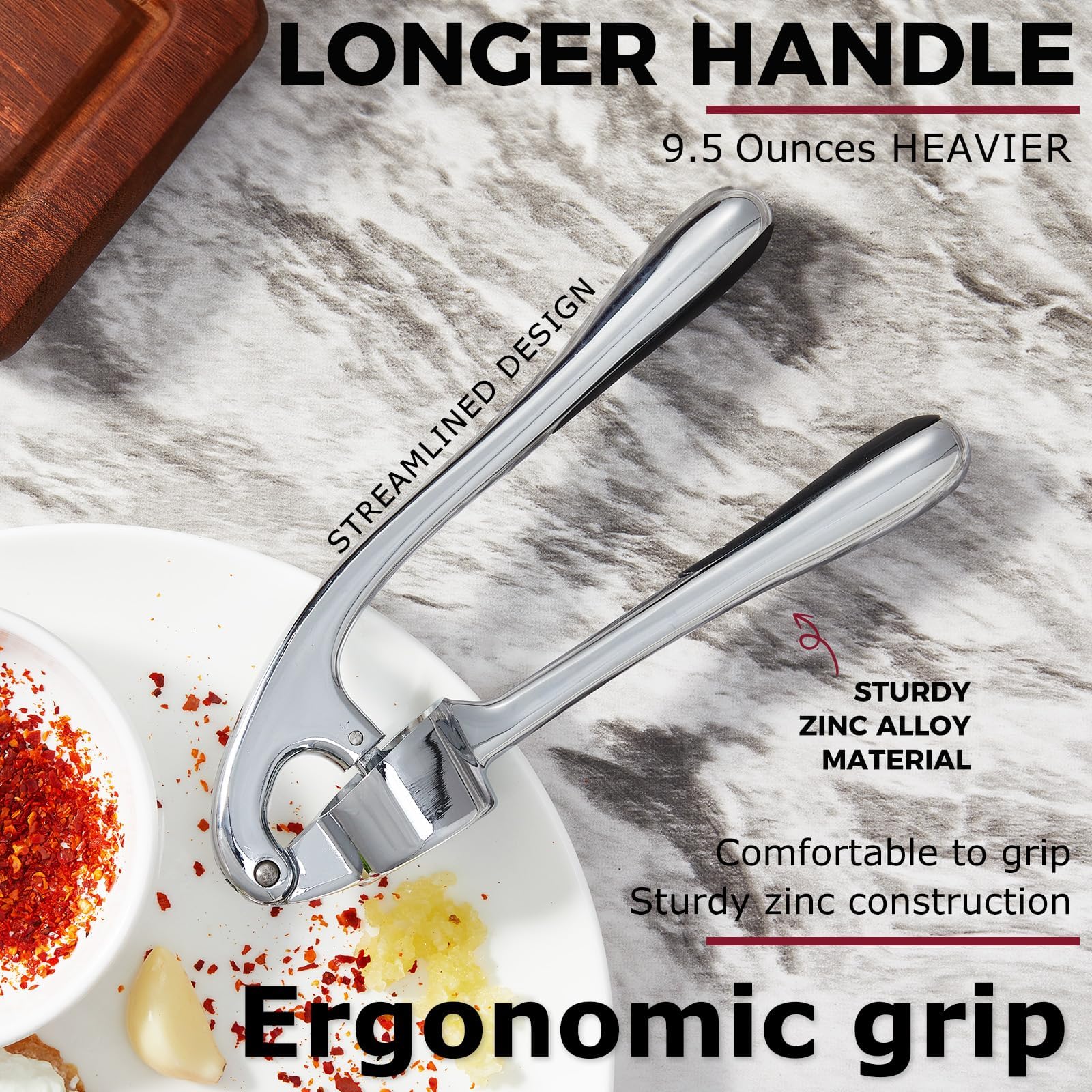 Kitessensu High Effective Garlic Press With Studs, Heavy Duty Garlic Mincer, Easy to Squeeze and Clean, Rust Proof & Dishwasher Safe, Ginger Crusher- Imperial Silver