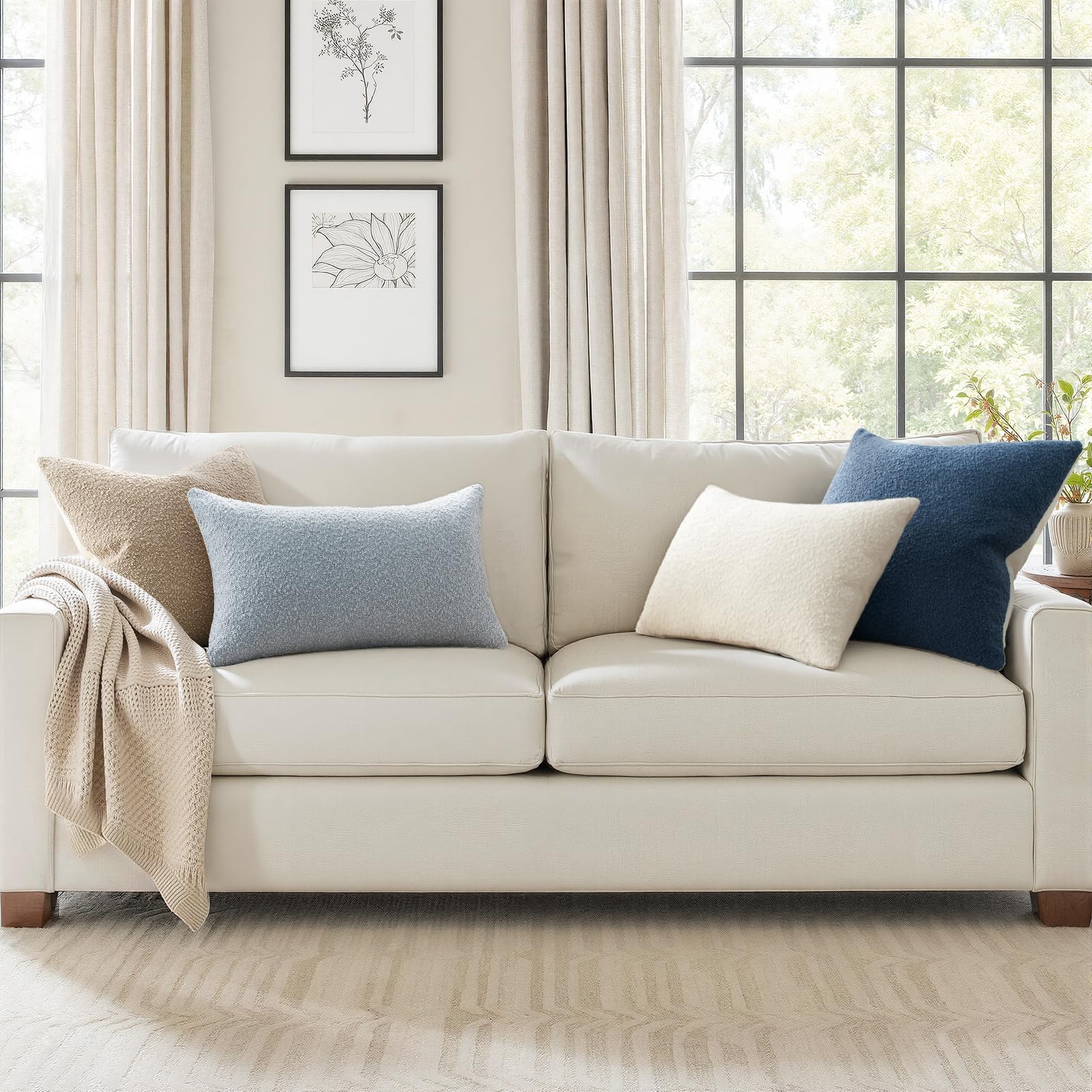 Topfinel Boucle Decorative Pillow Covers 18x18 Inches Set of 4 Neutral Cream Ivory White Pillowcase with Linen Cotton Back Chair Sofa Modern & Minimal Living Room Spring Home Decor
