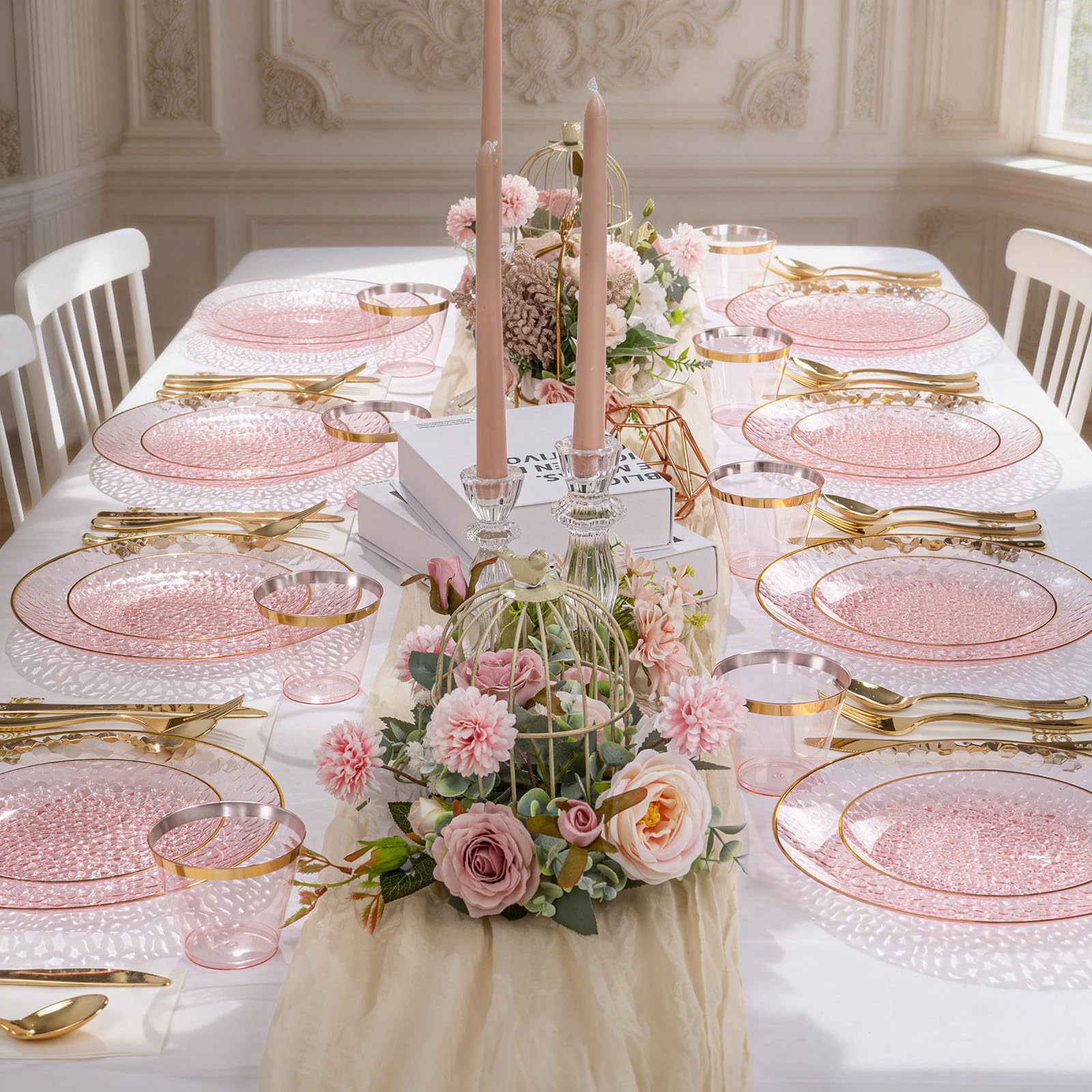 DaYammi 350PCS Clear Gold Plastic Dinnerware Set for 50 Guests, Hammered Disposable Plates for Party, Include: 50 Dinner Plates, 50 Dessert Plates, 150 Gold Silverware, 50 Napkins, 50 Cups