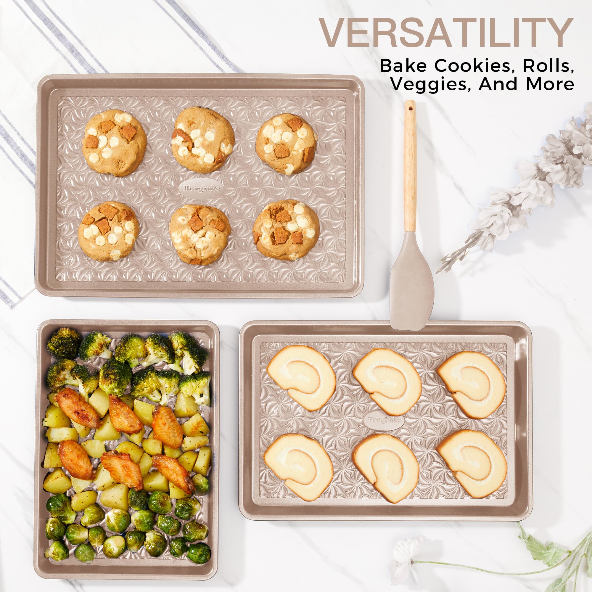 HONGBAKE Nonstick Baking Sheet Pan Set of 3, Cookie Sheets for Oven, Non-Toxic Half/Quarter/Jelly Roll Pans with Floral Swirl Texture, Heavy Duty 0.8mm Thick Oven Trays for Cooking, Dark Gray